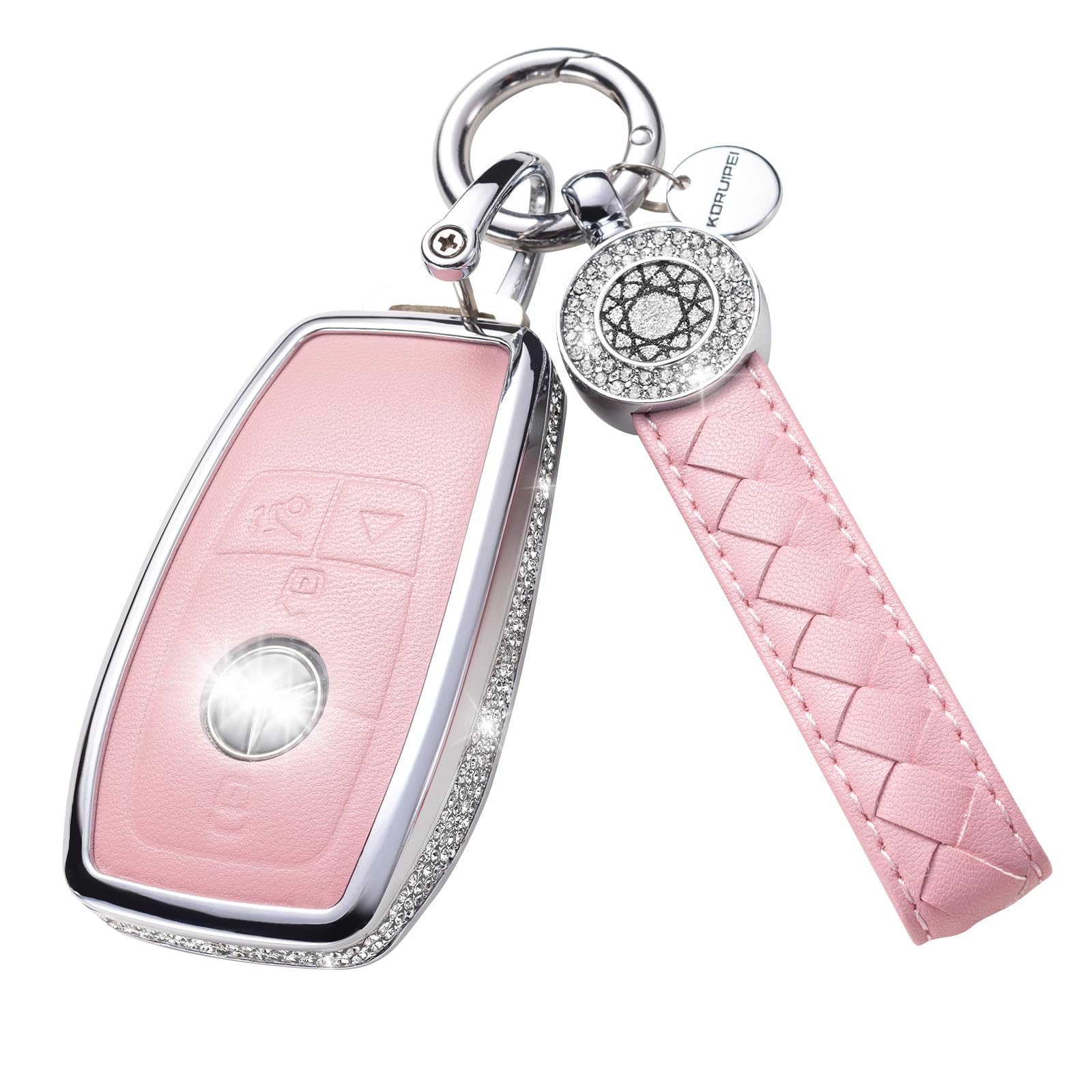 Ruabiban For Mercedes Benz Key Fob Cover With Keychain, Pink Genuine Leather Crystal Key Case Protection Shell Compatible With A