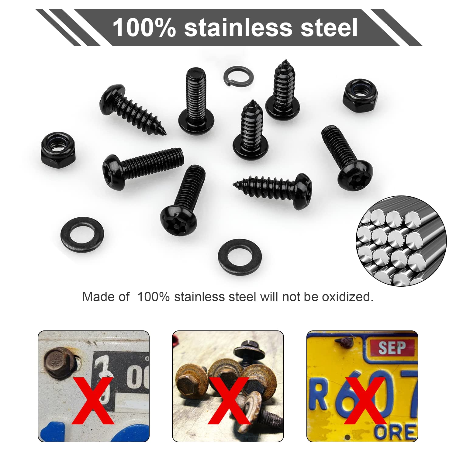 License Plate Screws Kits, Black Anti Theft Mounting Hardware For Car Tag Plate Frames Covers, M6 (1/4'') Tamper Proof Screws, F