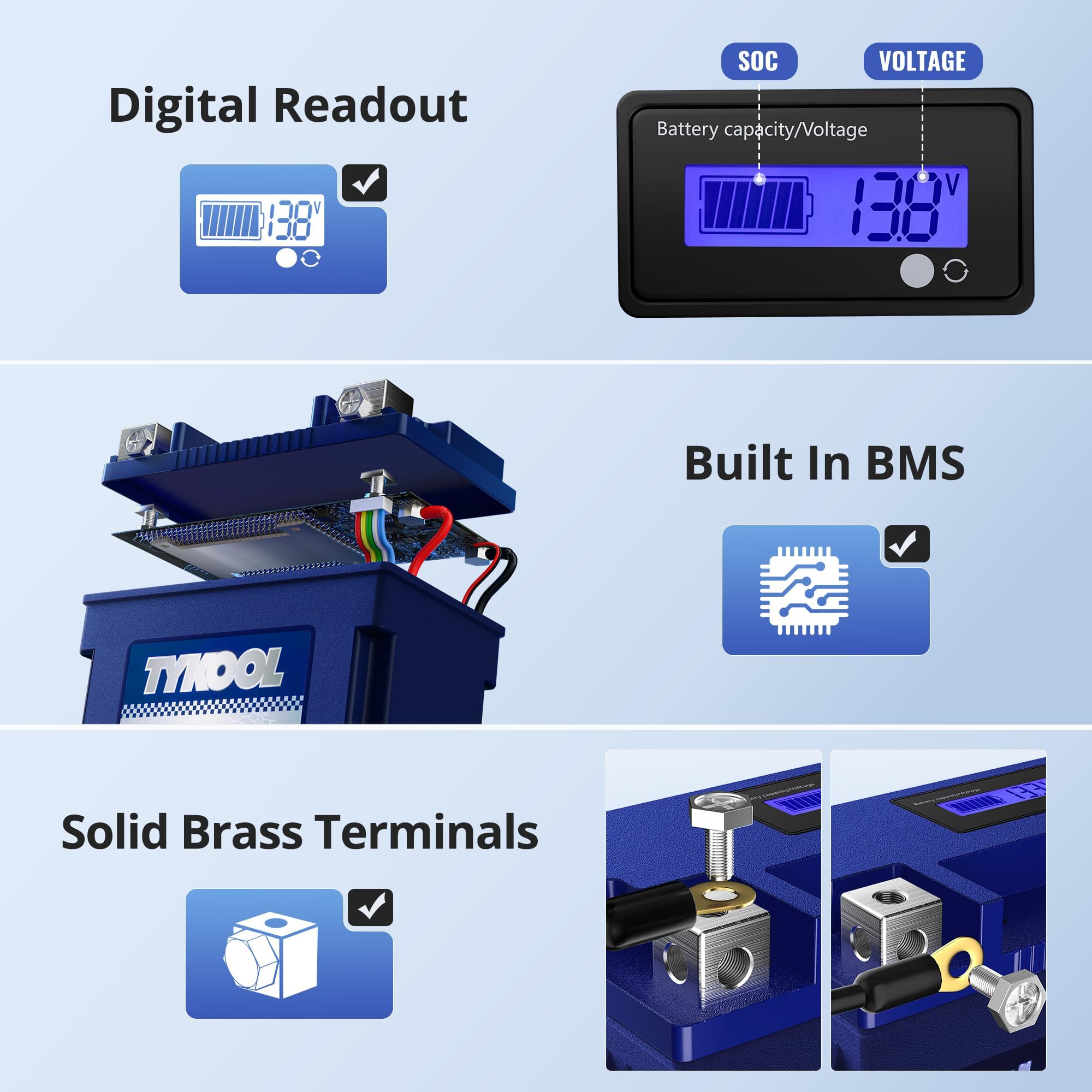 Tykool Ytx14L-Bs 3X Cranking Amps,5X Life, Lithium Lifepo4 Motorcycle Battery,12V 8Ah,480Cca,Digital Readout, Built In Bms,Power