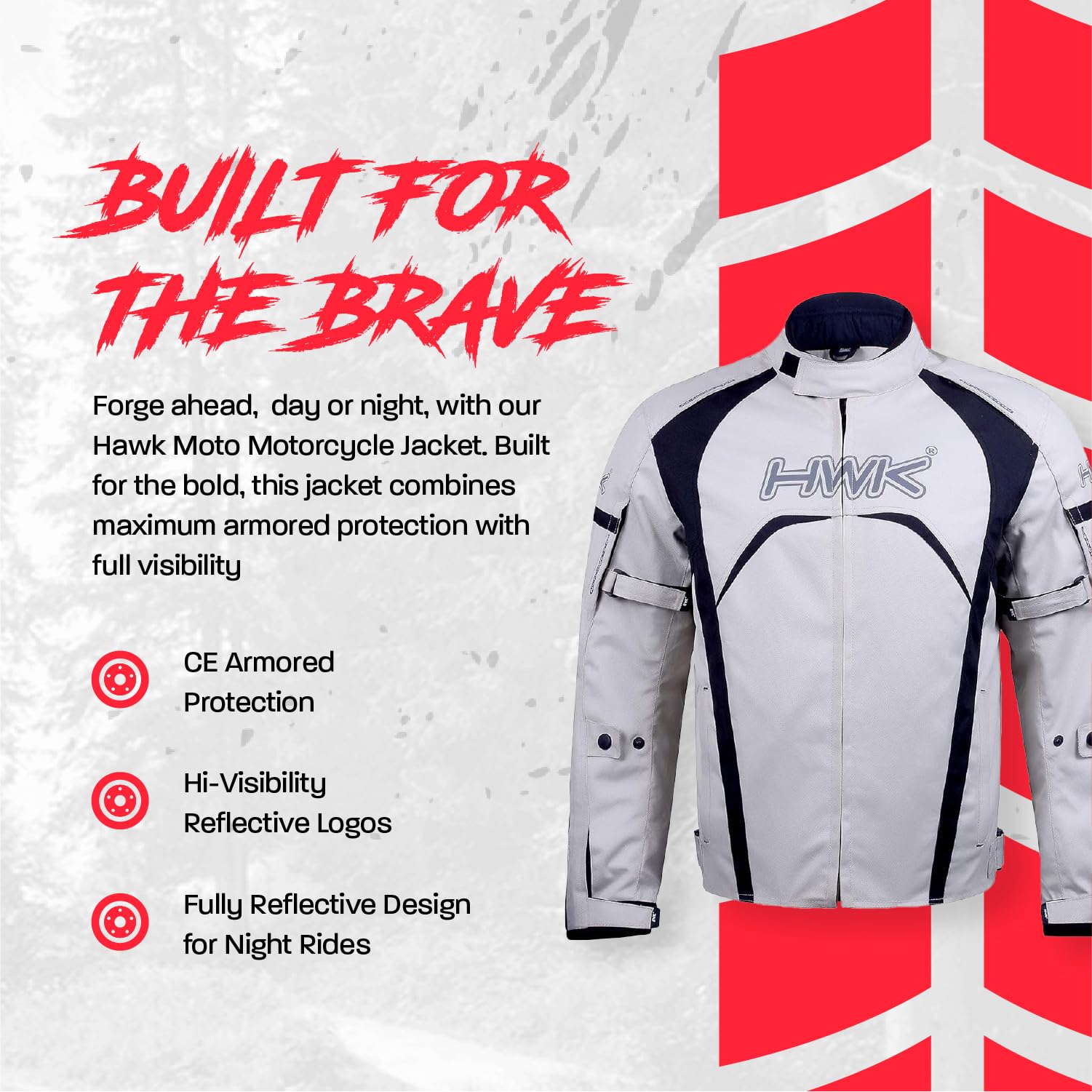 HWK Motorcycle Jacket Men's Hi-Vis Racing Textile, CE Armored, Water Resistant, Large, Silver, Model R-1