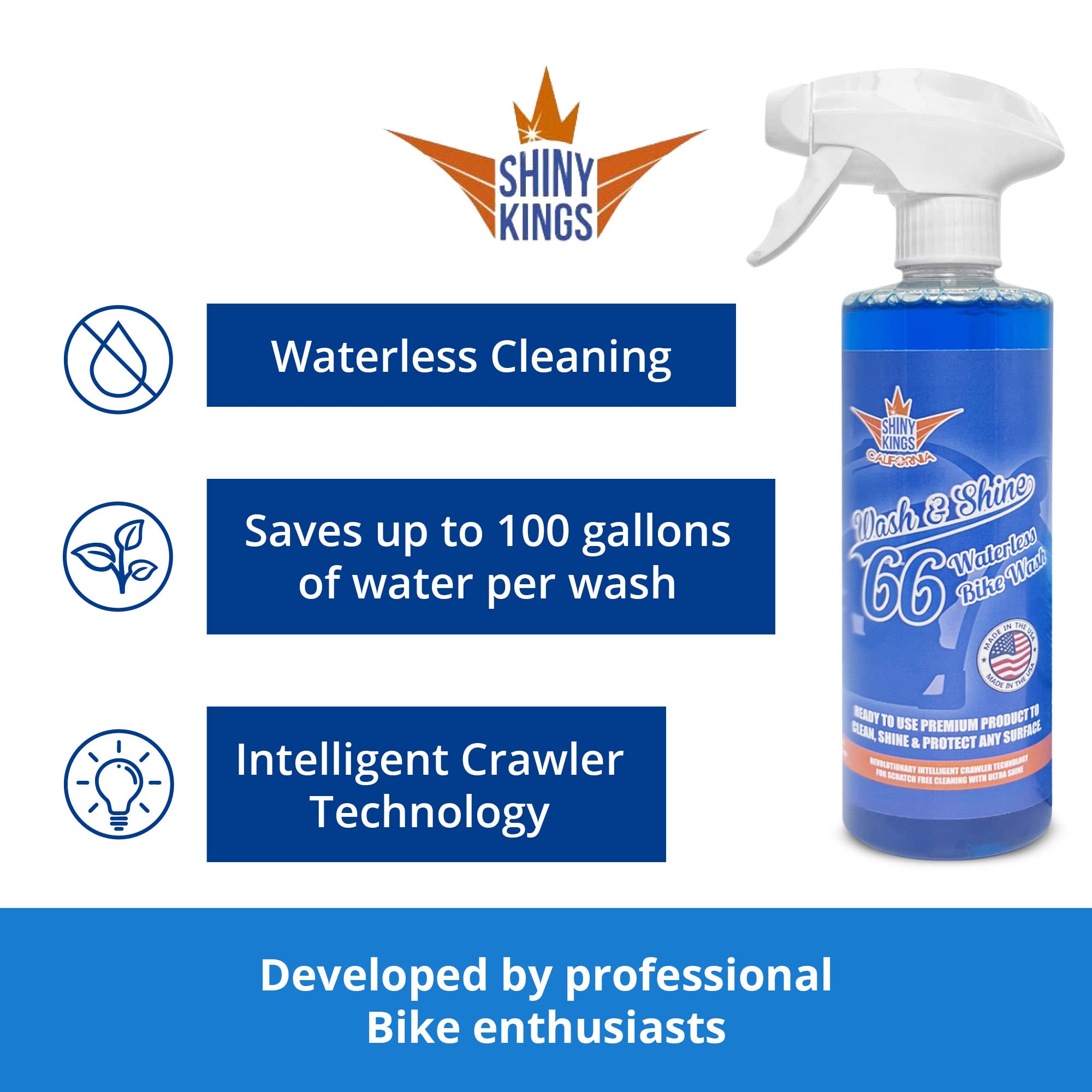 Shinykings Wash&Shine 66 Waterless Motorcycle Cleaner | Made In Usa | Ultra Shine Effect | Detailing Wash Spray For All Surfaces | 16 Fl.Oz