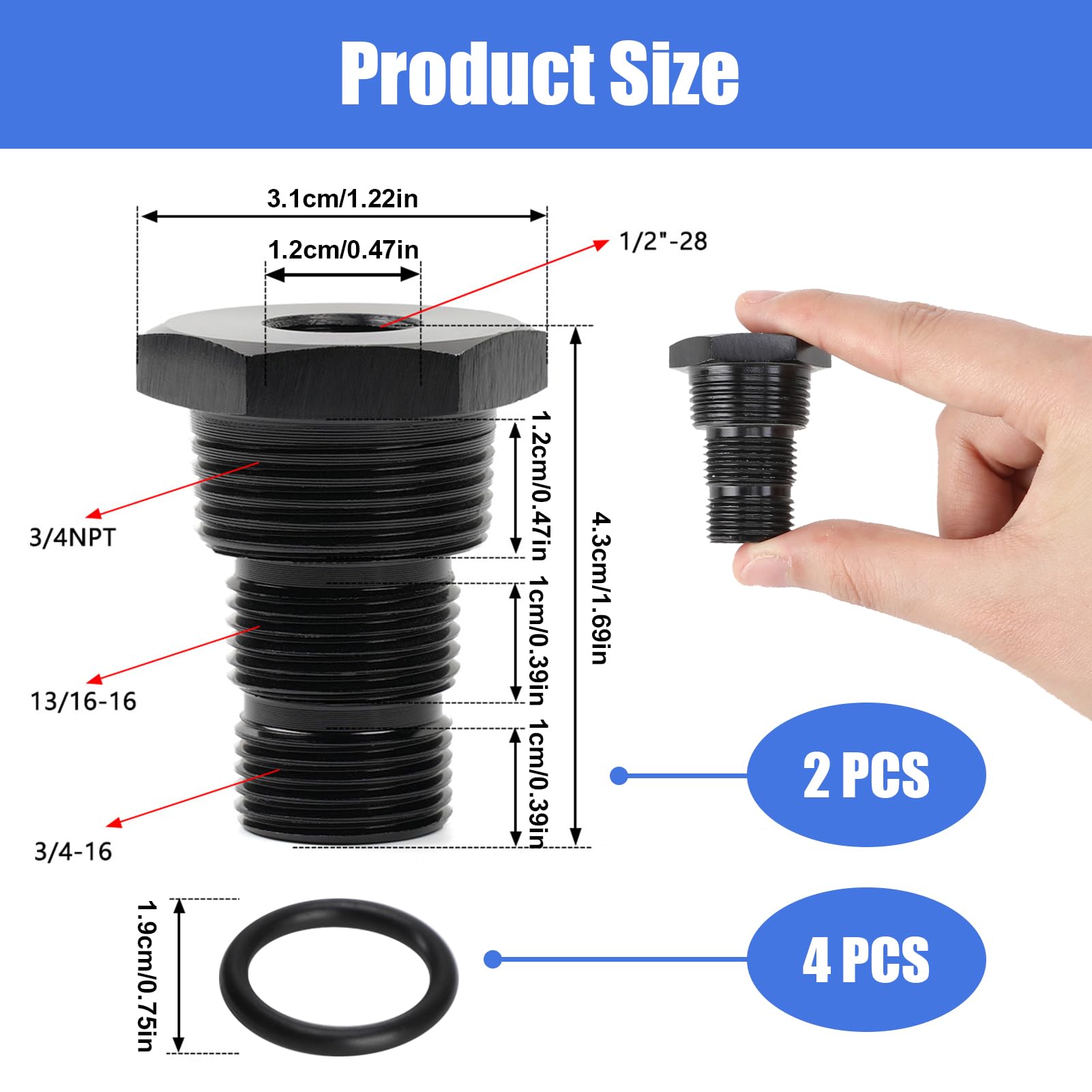 Jawfait 2PCS Oil Filter Adapter, 1/2-28 to 3/4-16, Aluminum, Black Anodized, Model OFA001, Corrosion Resistant