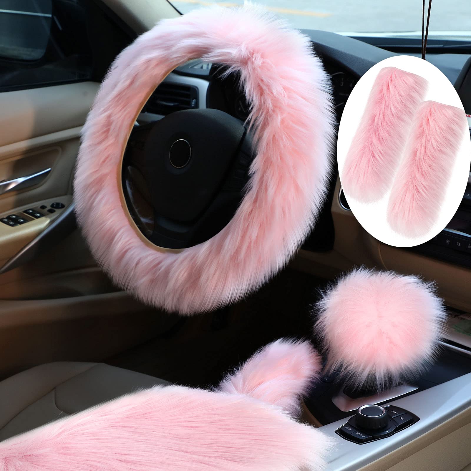 Tallew 6 Pieces Fluffy Steering Wheel Covers Winter Wool Fur Handbrake Warm Gear Steering Wheel Cover Console Seat Belt Shoulder Pads Accessories Furry Non-Slip Car Decor(Long Hair,Pink)