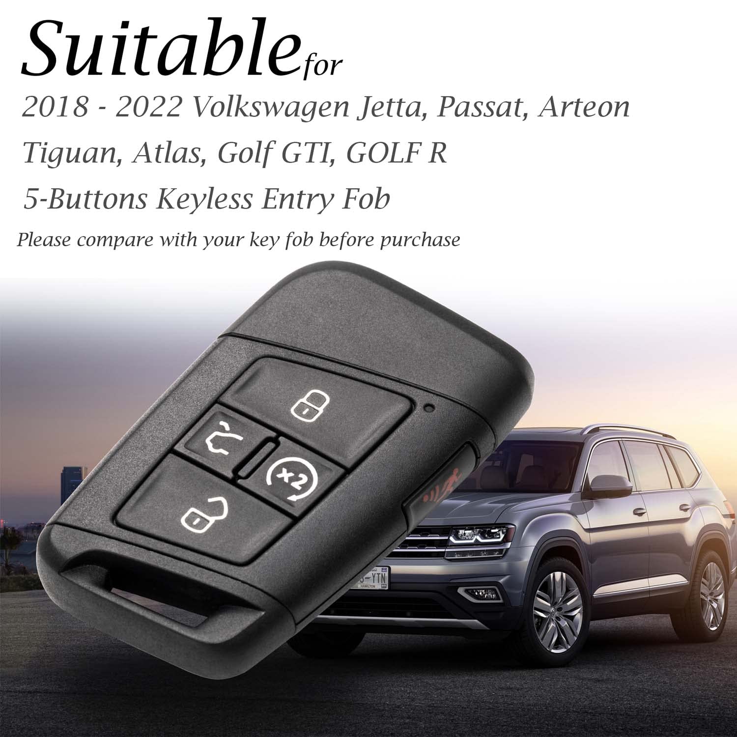 Vitodeco Genuine Leather Smart Key Fob Case Compatible with Volkswagen Atlas, Jetta, Passat, Arteon, Tiguan, Golf GTI, Golf R 20