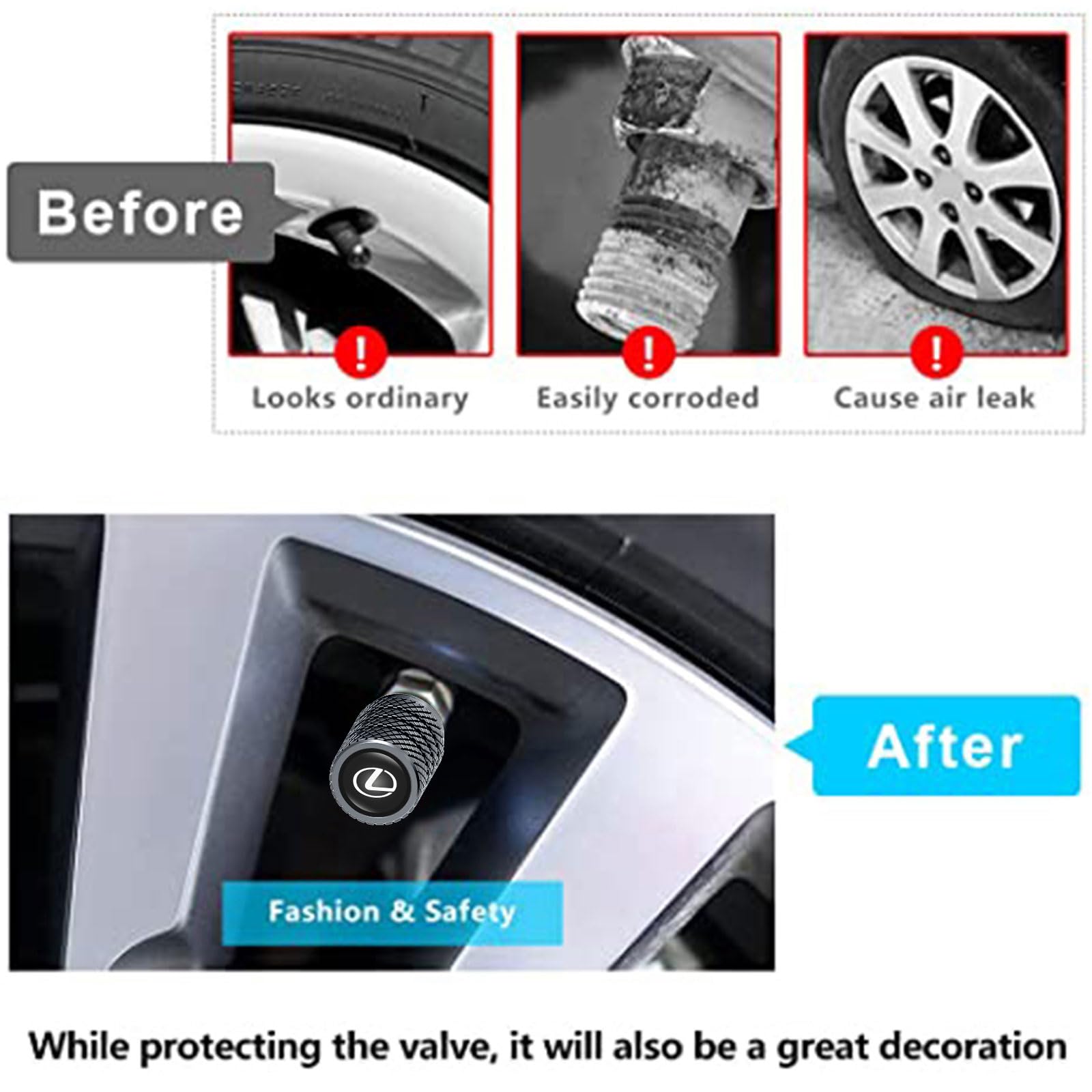 Tire Valve Caps, Valve Stem Caps for Lexus GS NX RX GX RC ES UX LX LS, Alloy Car Tire Caps for Corrosion Resistant Leak-Proof Ca