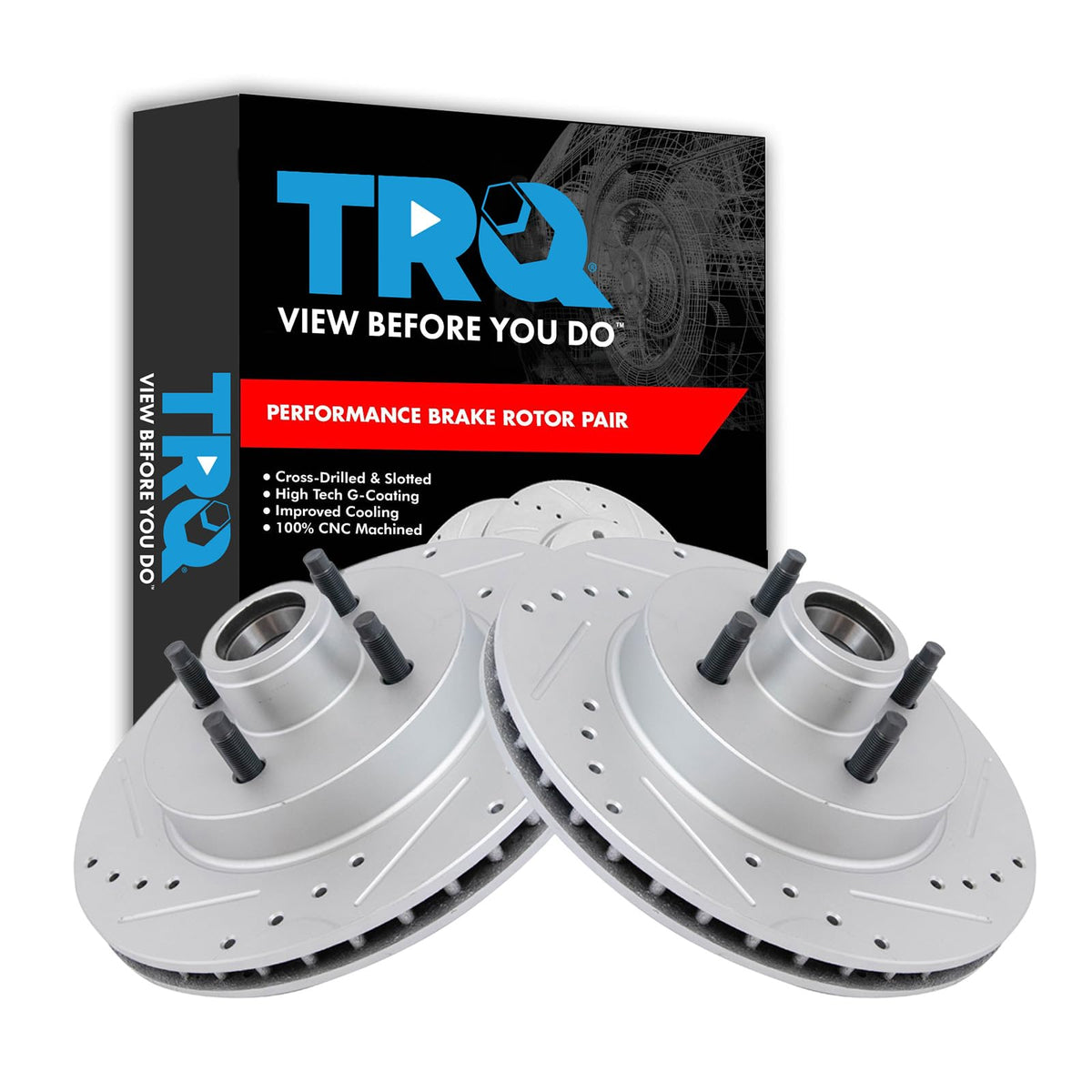 Trq Front Performance Brake Rotors Set Vented Premium G-Coated Cross Drilled & Slotted Compatible With 1987-1993 Ford Mustang