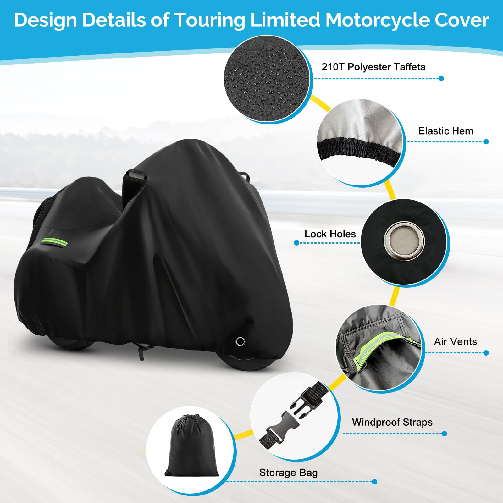 Motorcycle Cover for Touring Road Glide Limited/Ultra Limited/Gold Wing Tour/Indian Pursuit Limited, 210T Waterproof Sun UV Rain