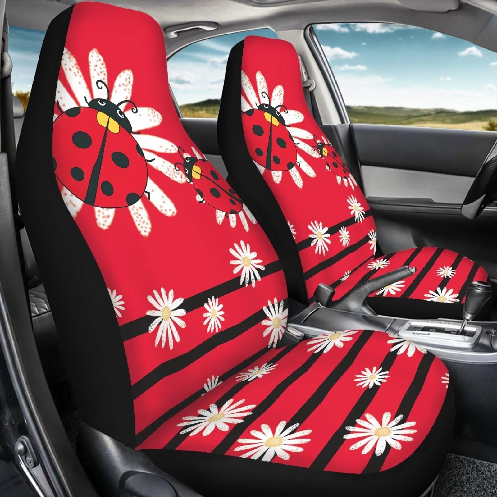 Toaddmos Cartoon Ladybirds Front Seat Covers For Cars White Daisy Driver Car Seat Cover Soft Comfort Bucket Seat Covers Universa