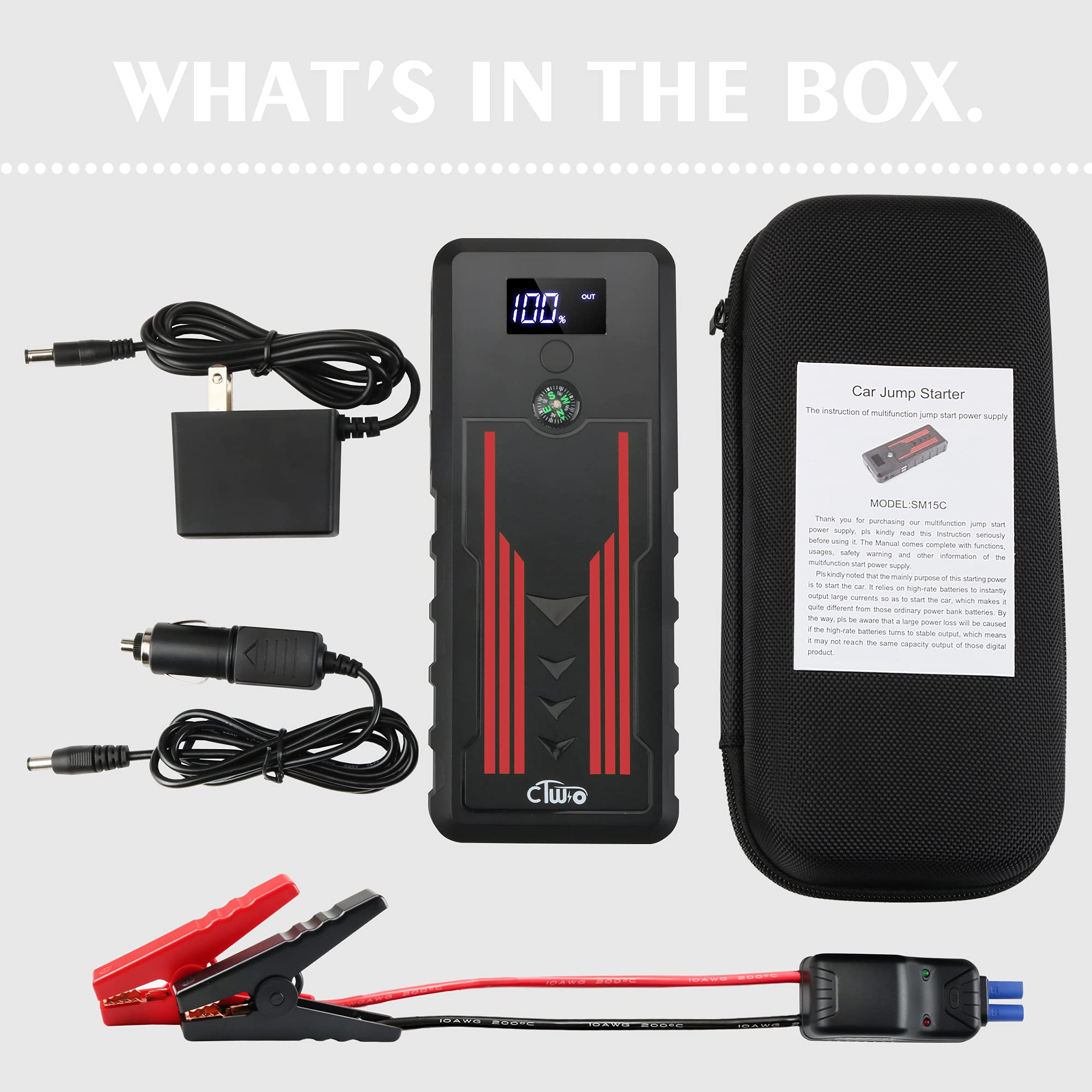 Battery Jump Starter For Car, Ctwjo 12V 800A Portable Jump Starter Booster With Usb-C Smart Port, Compass, Lcd Screen, Led Light, Travel Case (Up To 7.2L Gasoline 5.5L Diesel Engines)