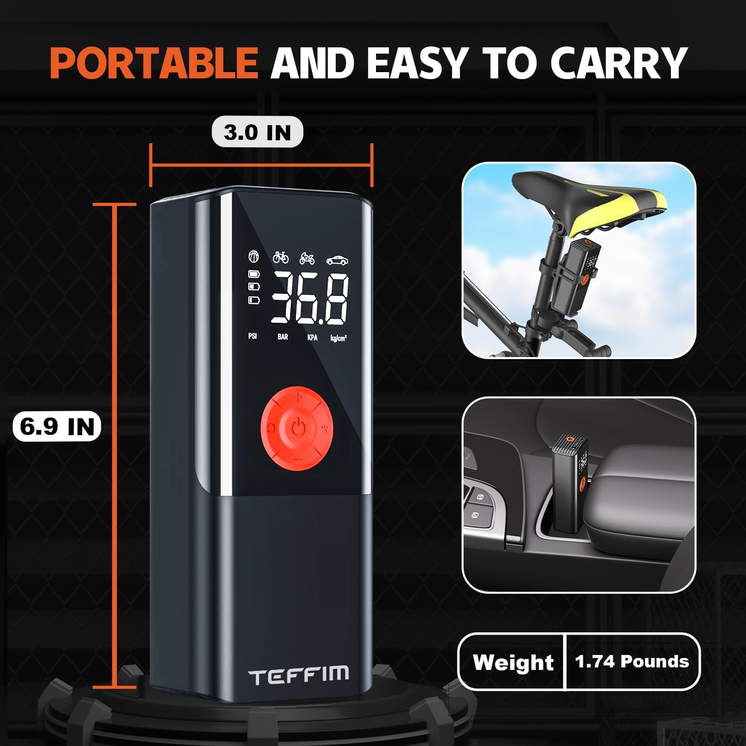 Teffim Tire Inflator Portable Air Compressor With Digital Pressure Gauge, 12V Smart Air Pump For Car Tires, Motorcycle, Suv, Ele