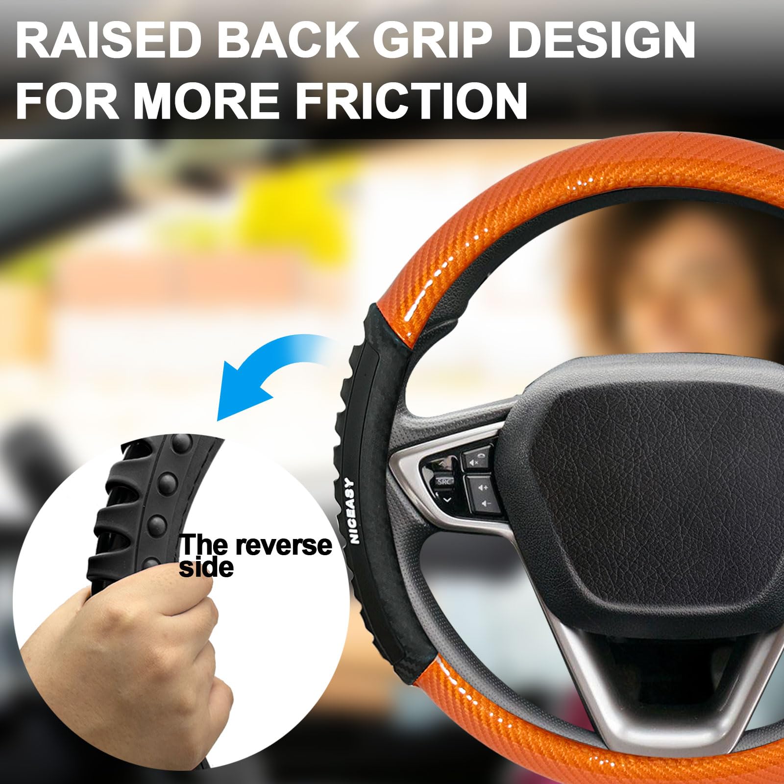 NICEASY Sport Style Orange Leather Steering Wheel Cover, Black Sport Grip Steering Wheel Accessory,Universal Fit 14.5-15.25 inch