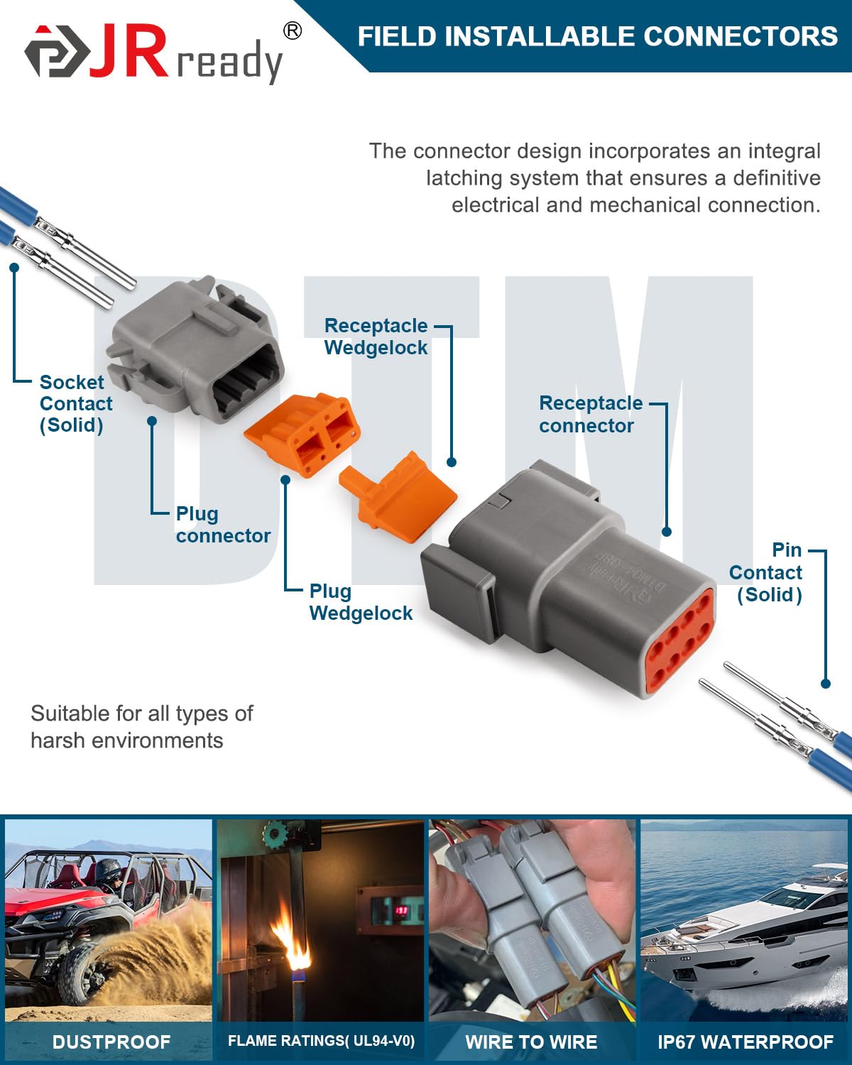 JRready Deutsch DTM 8 Pin Connectors 4 Kits, Waterproof Electrical Wire Connectors with Size 20 Solid Contacts 20-22AWG, ST6330-