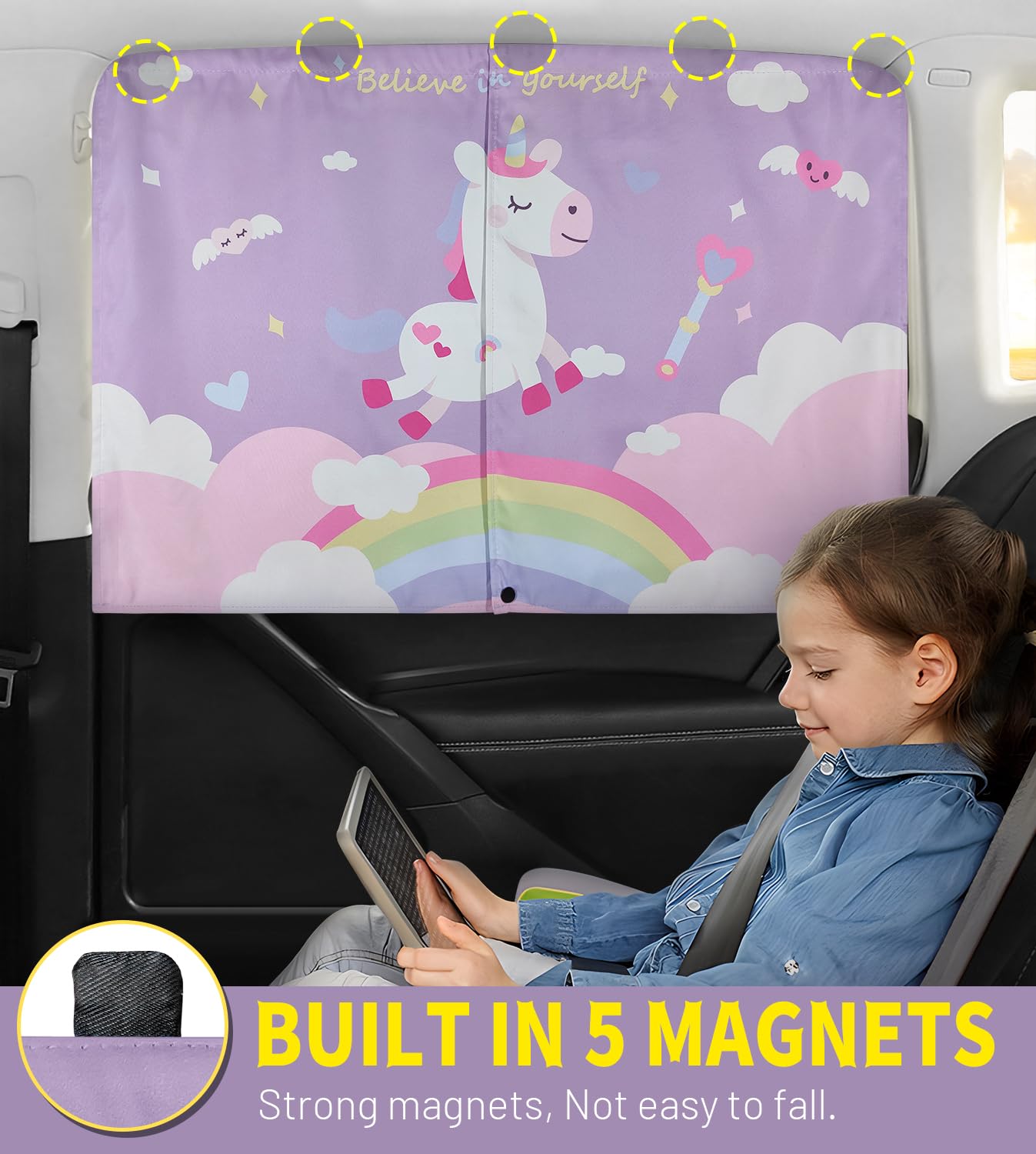 Car Window Shades, 2 Pcs Magnetic Double Layer Car Sun Shade For Side Windows Privacy Full Covers/Half Shade Options Unicorn Pat