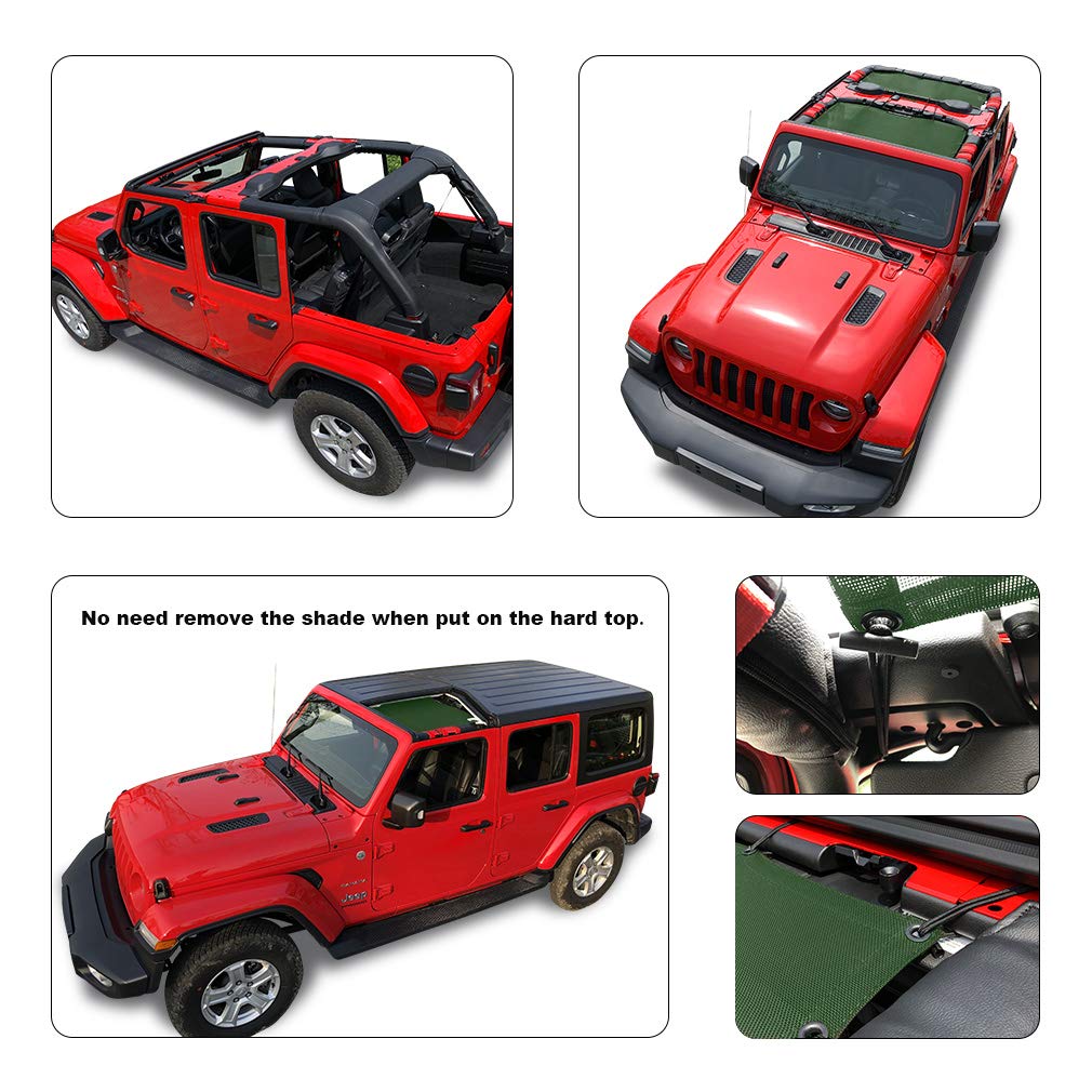 Shadeidea Sun Shade Top For Jeep Wrangler, Jl (2018-2023) 4 Door Top Sunshade, Front & Rear - Forest Green Jlu Mesh Screen Cover