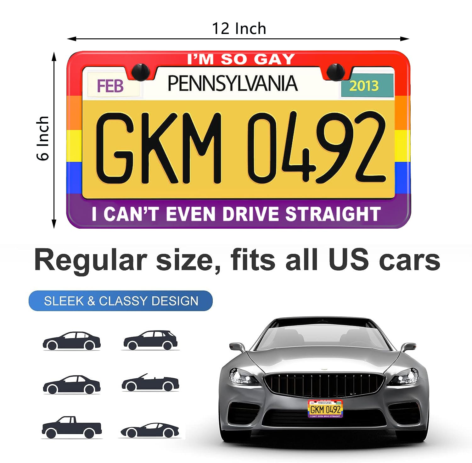 Funny License Plate Frame with Humor Text Gay Pride Rainbow Flag I'm So Gay I Can't Even Drive Straight Aluminum Black Car Cover