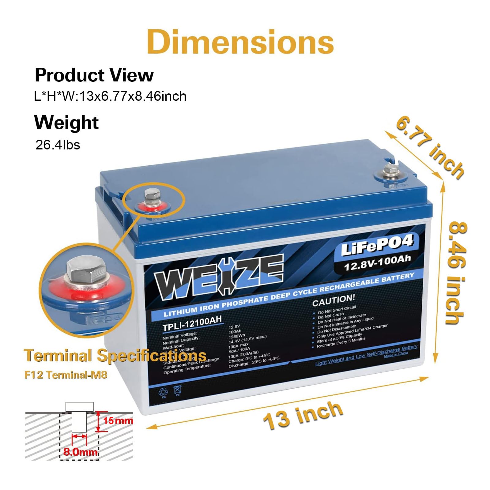 Weize 12V 100Ah Lifepo4 Lithium Battery, Built-In Smart Bms, Low Temperature Protection Group 31 Deep Cycle Battery For Trolling