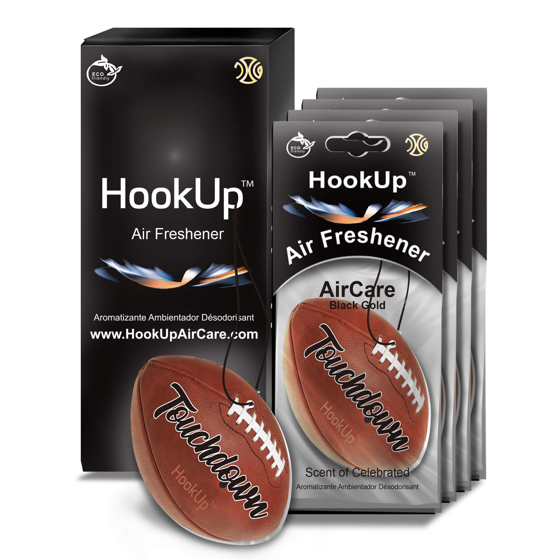 Football Car Air Freshener by HookUp - 4 Pack - Black Gold Scent (Extra Strong) | Unique Football Gift for Players, Coach, Fans 