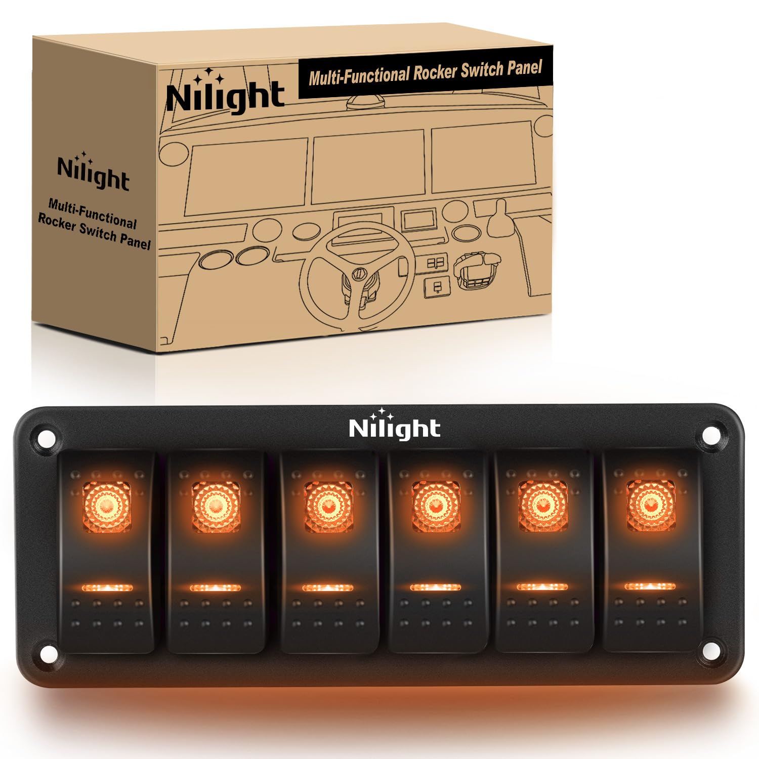 Nilight 6 Gang Rocker Switch Panel With Orange Led Light 5 Pin On Off Pre-Wired Rocker Switch Aluminum Panel Toggle Switch Panel