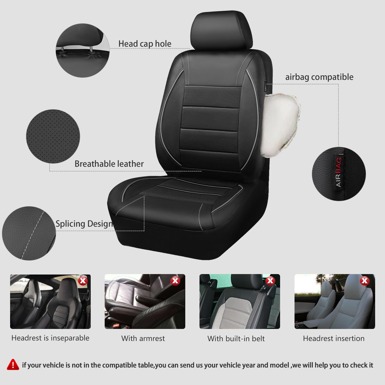 Car Pass Universal Reflect Piping Leather Car Seat Cover, Fit For Suvs,Van,Trucks,Airbag Compatible,Inside Zipper Design And Res