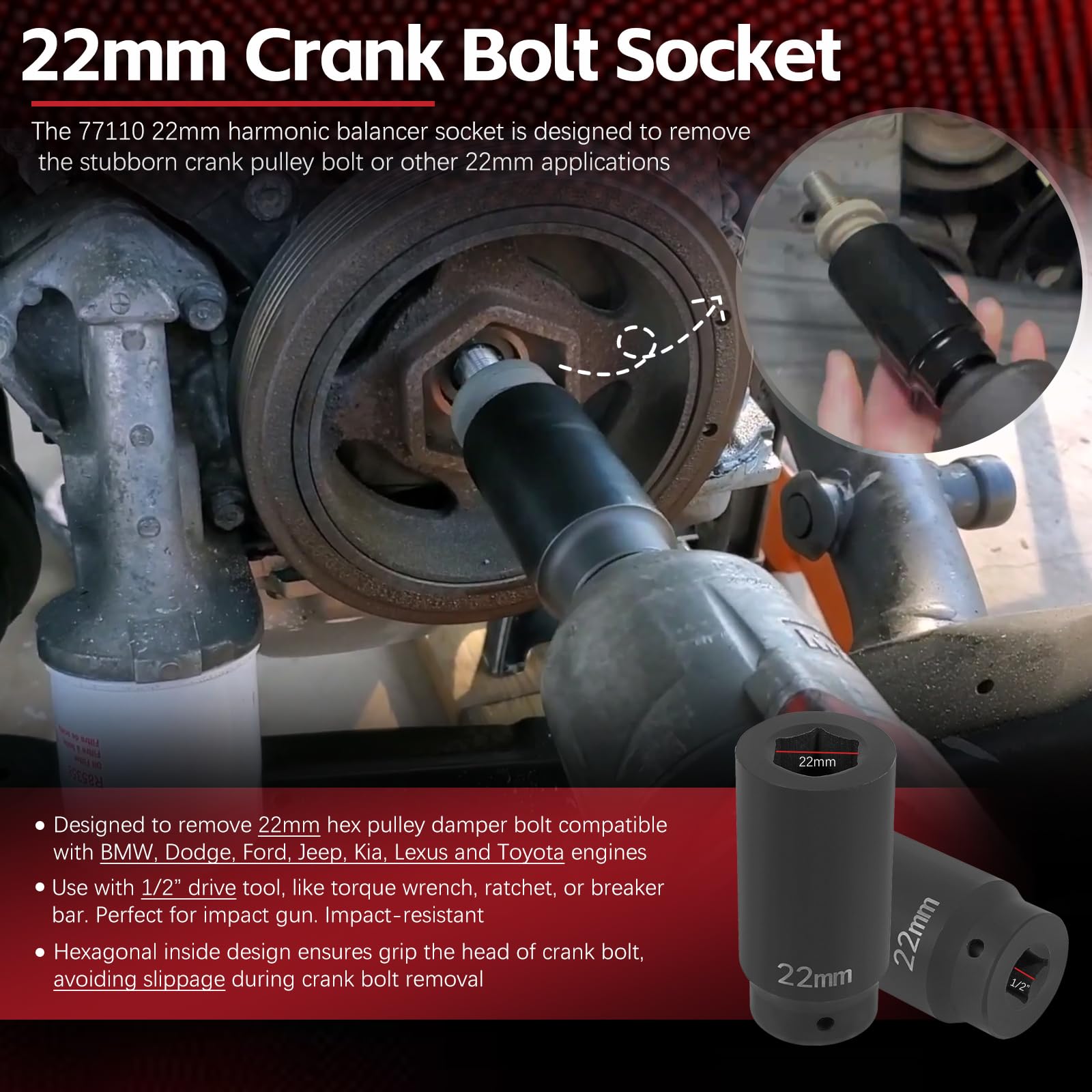 77110 22Mm Harmonic Balancer Socket Tool Crank Bolt Socket For Toyota Lexus Dodge Jeep And Ford, Deep Counter-Weighted Socket, 3