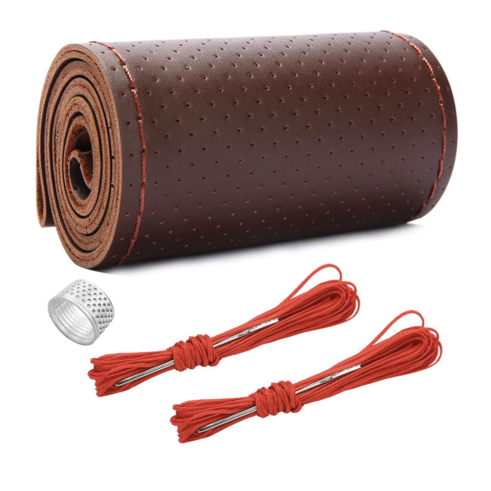 Ziciner Genuine Leather Steering Wheel Cover, Stitch on Wrap, Breathable Anti-Slip Car Steering Wheel Protector for Max Diameter