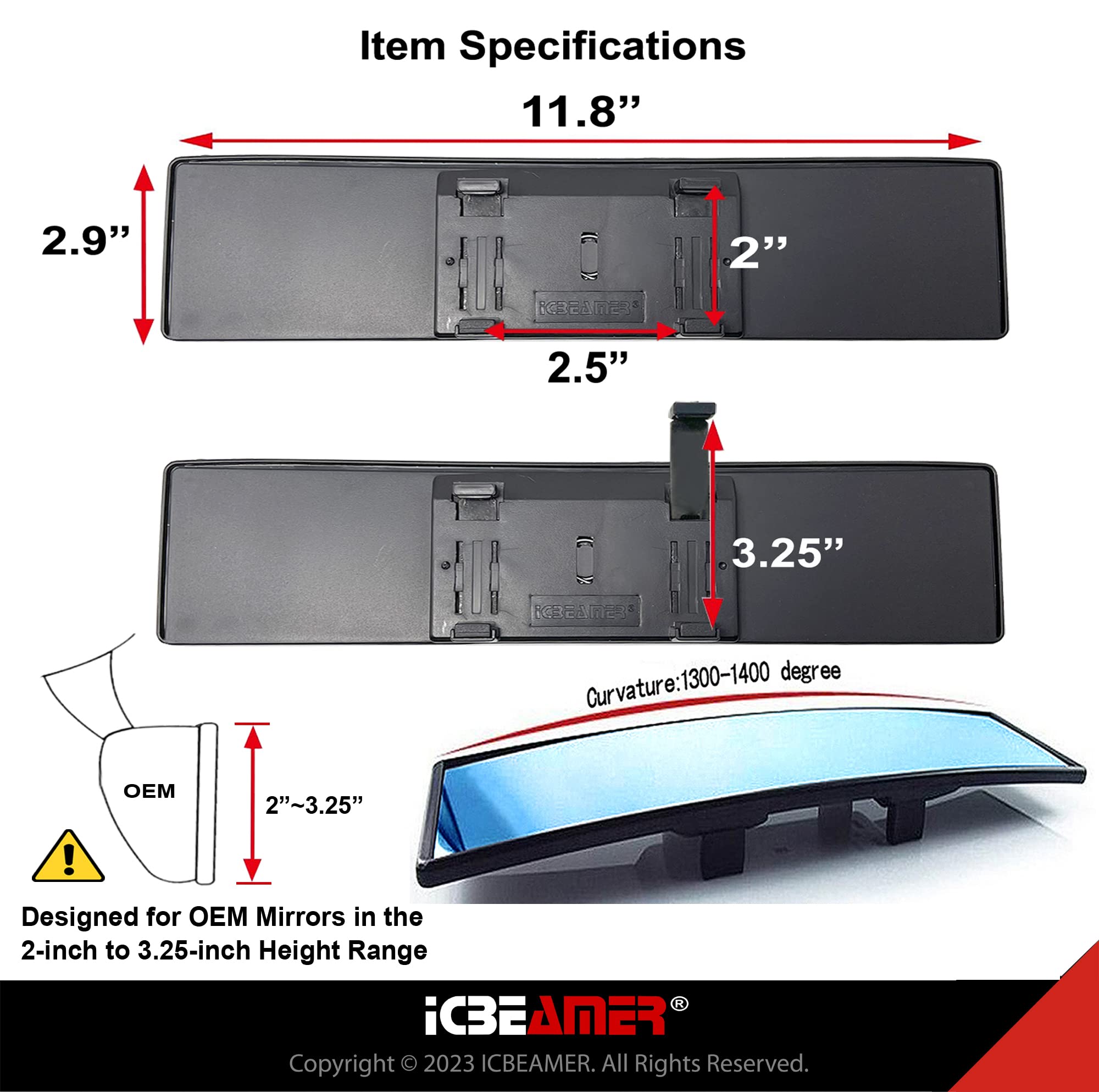 Icbeamer 11.8'' Car Rear View Mirror, Blue Tint Convex Surface, 300Mm Panoramic Wide Angle Blindspot Mirror For Car Accessories,