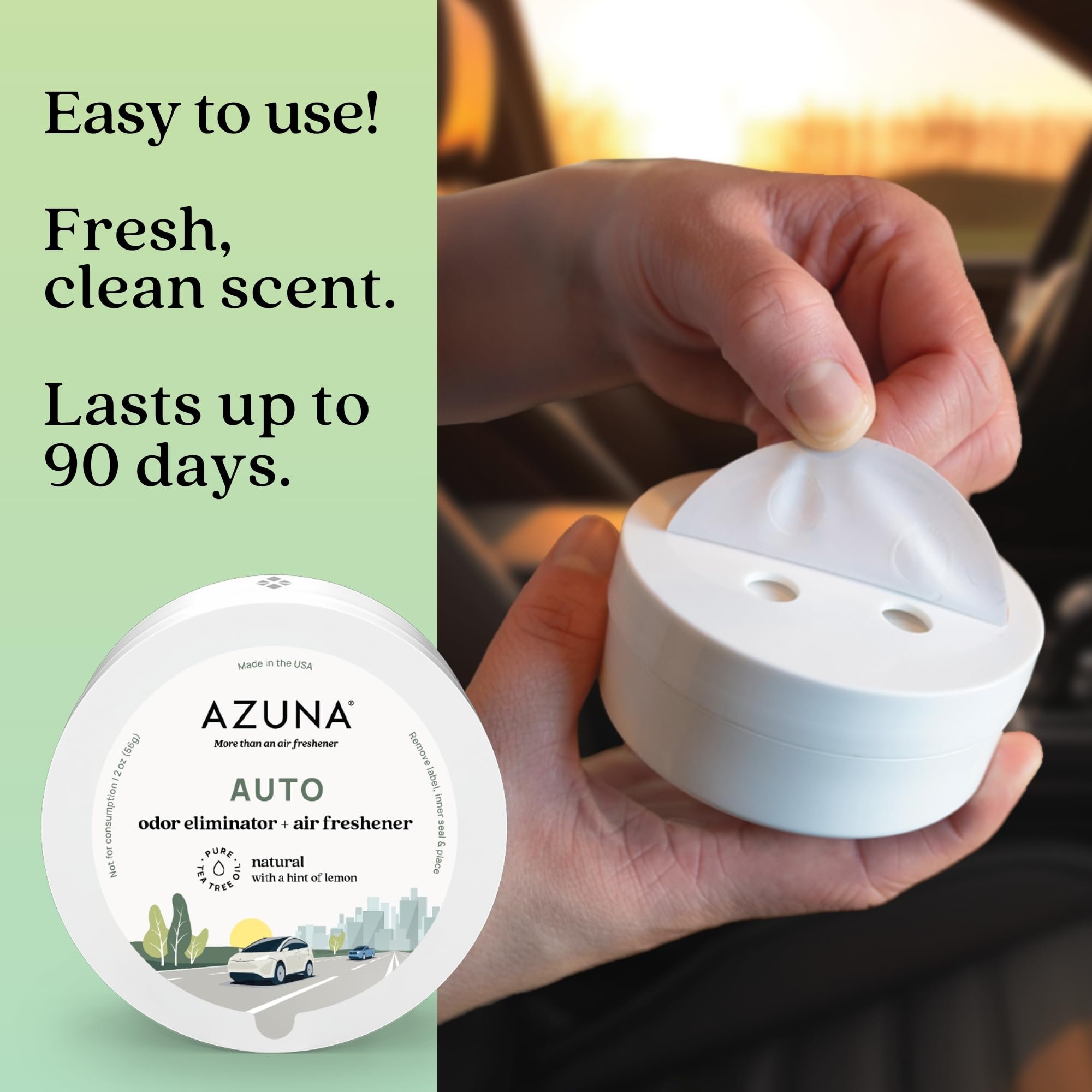 Azuna Auto Air Freshener & Odor Eliminator Gel, 2 oz. Pod with Tea Tree Oil, Slow-Release Freshener Works 24/7 for 60-90 Days, 1