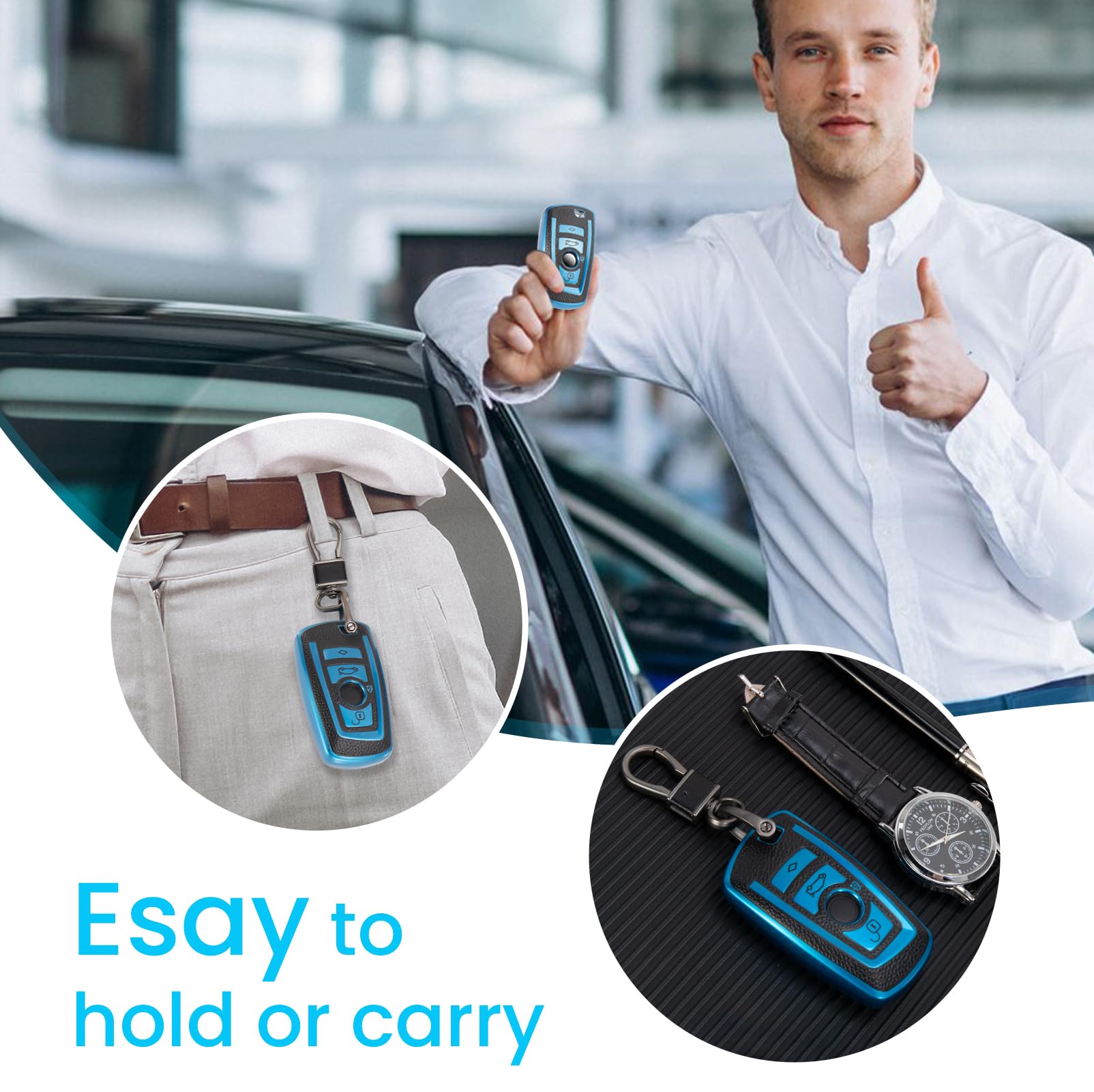 Ctrinews For Bmw Key Fob With Leather Keychain, Advanced Soft Tpu Surface Grain Key Fob Cover For Classic Style Bmw Smart Key (B