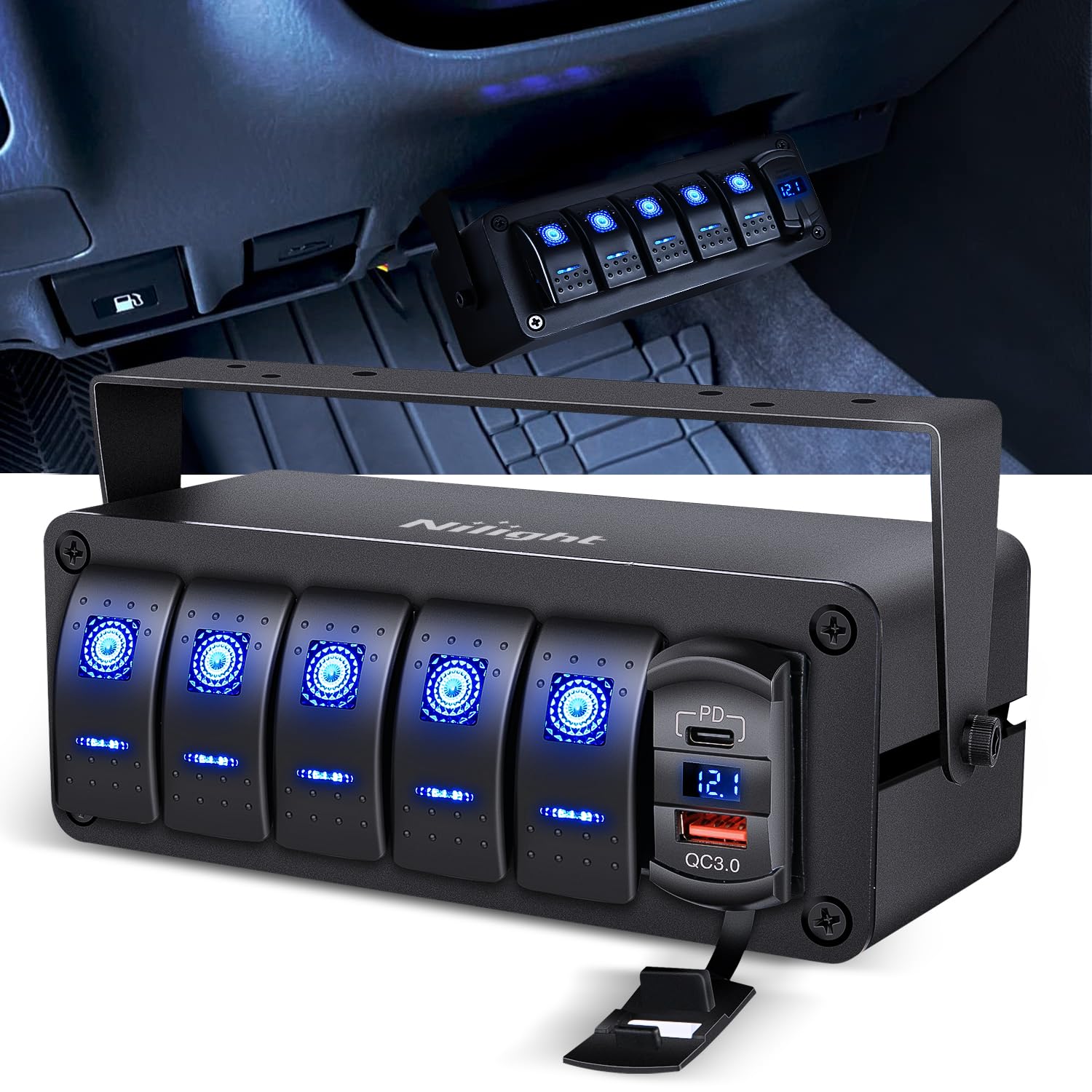 Nilight 5 Gang Rocker Switch Box 12V Spst On Off Switches Pd Type C And Qc 3.0 Usb Charger Voltmeter Waterproof Aluminum Panel D