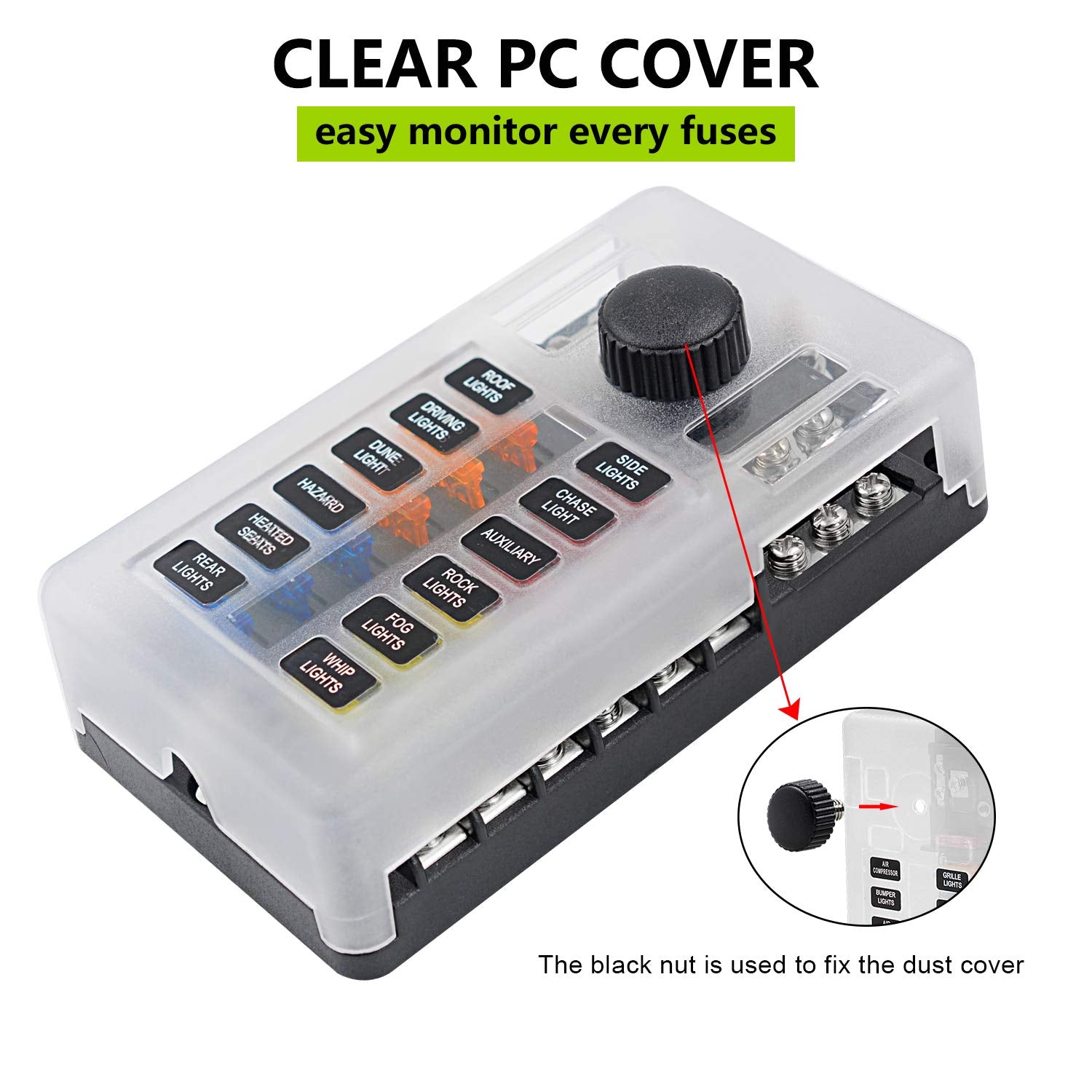 12 Way Fuse Block W/Negative Bus - Atc/Ato 12 Circuit Fuse Box With Ground, With Negative Bus & Protection Cover, Bolt Connect T