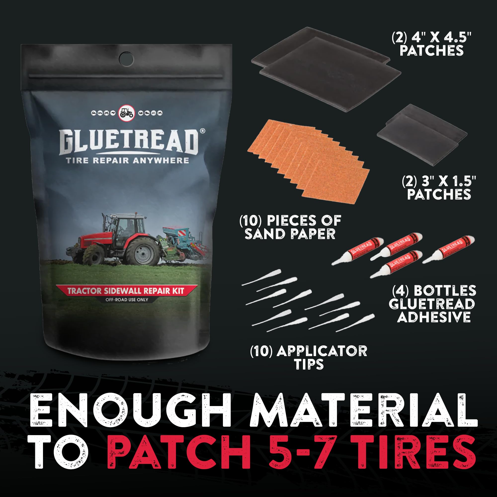 GlueTread Tractor Sidewall Tire Repair Kit | Off-Road Puncture Repair Anywhere No Need to Remove Tire | Enough Material to Patch