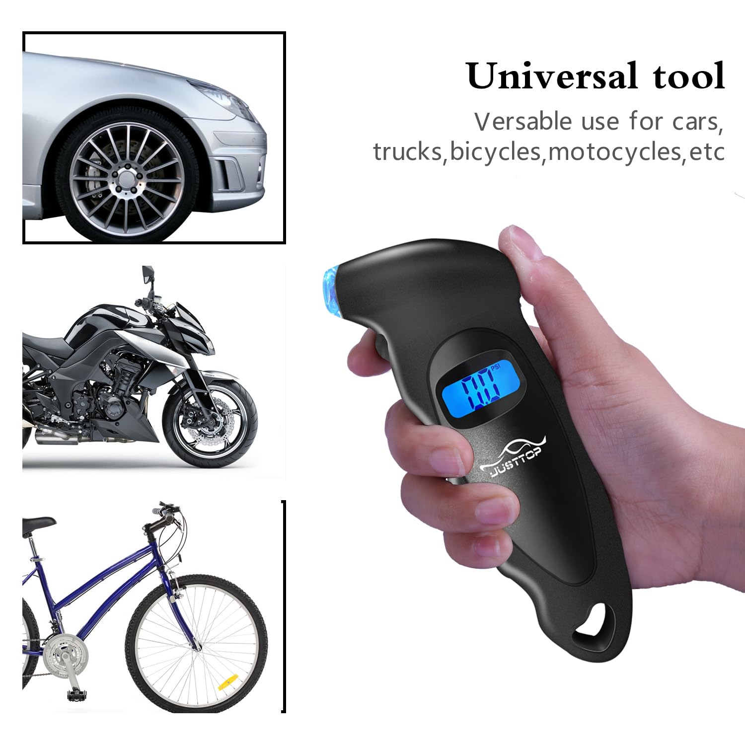 Justtop 2 Pack Digital Tire Pressure Gauge, 150Psi 4 Setting For Cars, Trucks And Bicycles, Backlit Lcd And Anti-Skid Grip For Easy And Accurate Reading(Black)