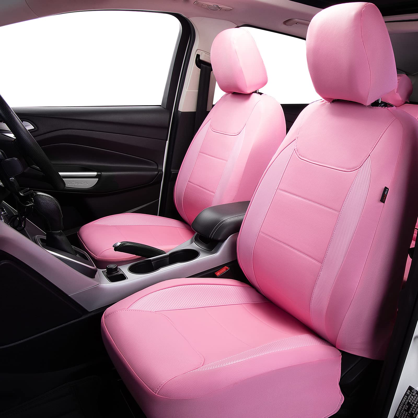 Flying Banner Car Seat Covers Protects Water Proof Faux Leather Carbon Fiber Fronts Rear Bench Covers (Pink Pink, Full Set - 8Pc