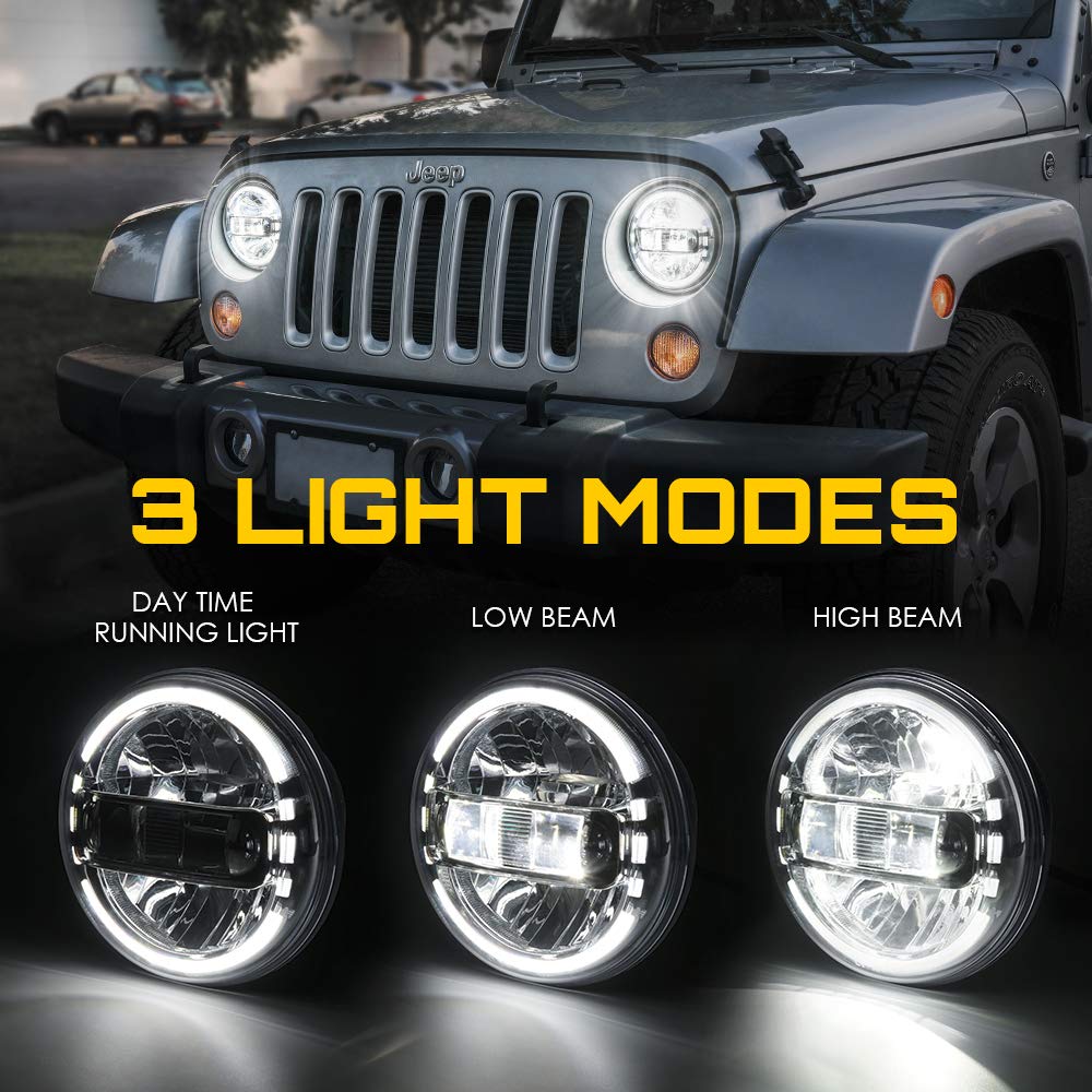 Xprite 7 Inch Led Headlights Dot Approved Compatible With Jeep Wrangler Jk Lj Cj Tj Hummber H1 H2 1997-2018, With High/Low Beam, Halo Drl Round Headlamps