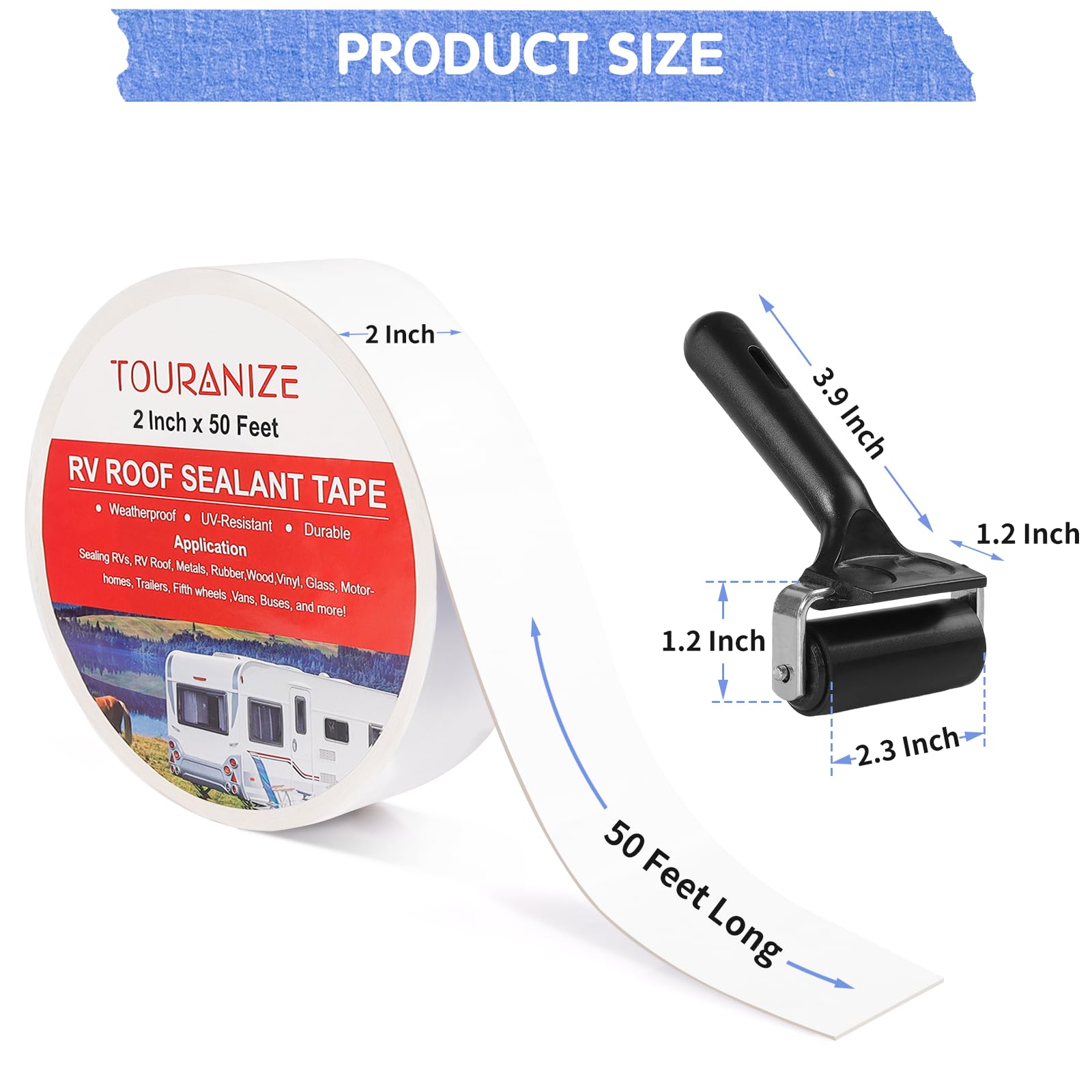 Touranize Rv Roof Tape With Rubber Roller, 2 Inch X 50 Feet Rv Sealant Tape For Camper Roof Repair, Boat Sealing, Trailer Roof S