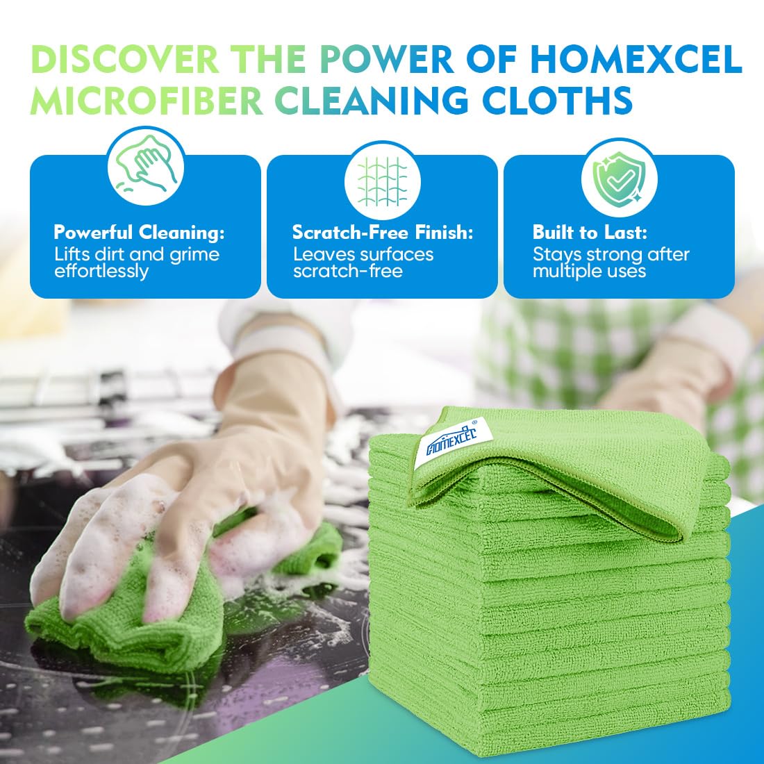 Homexcel Green Microfiber Cleaning Cloth 12 Pack, 12.5 X 12.5 Inch Microfiber Towels For Cars, Ultra Absorbent Car Washing Cloth