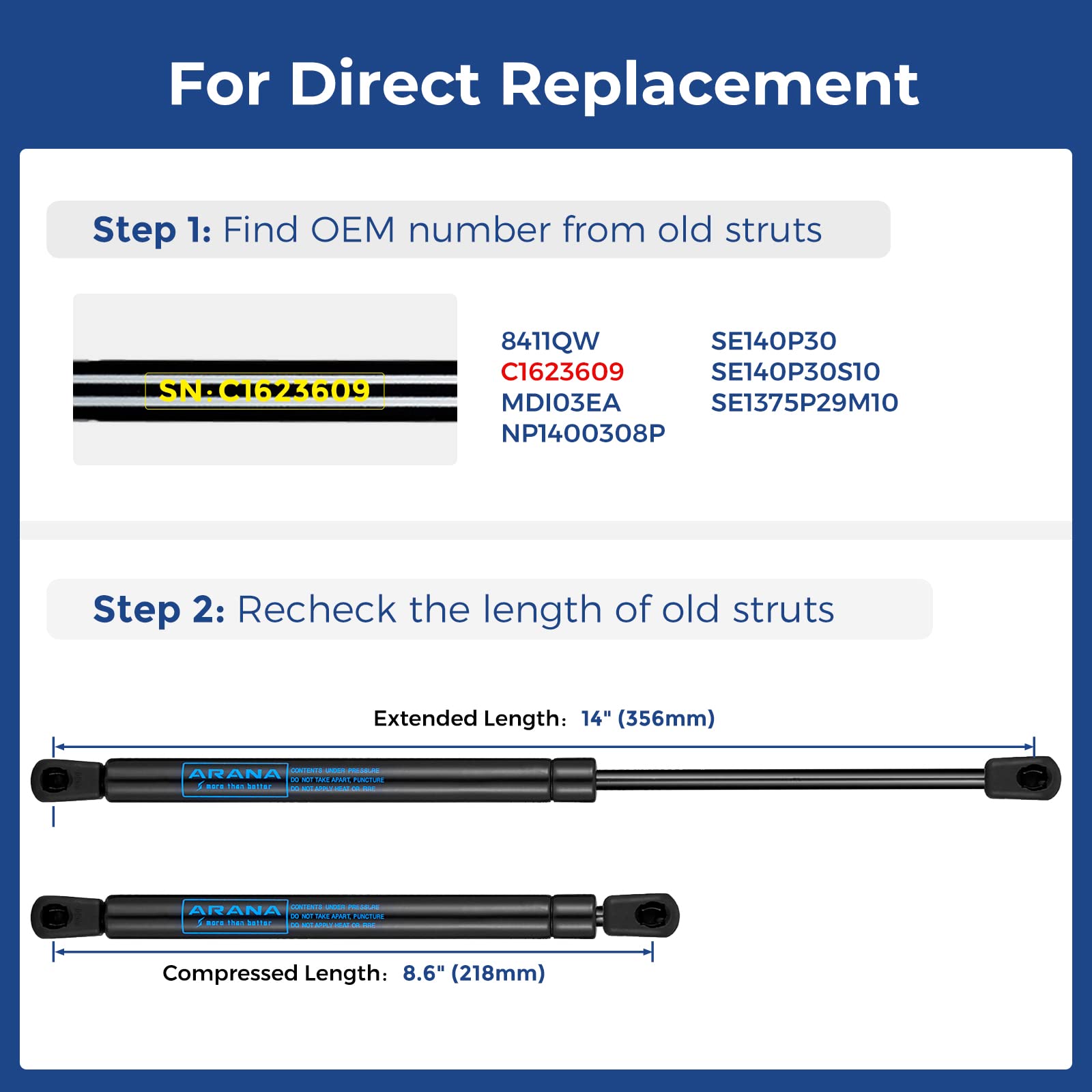 Arana Gas Struts 14 Inch 30Lbs Gas Springs Shocks C1623609 14 '' 134N Lift Support For Toolbox Lid Toy Box Storage Box Leer Camp