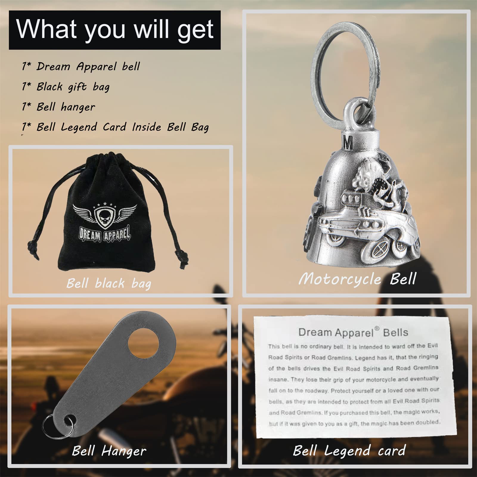 Dream Apparel Motorcycle Bell W/Hanger Biker Bell Motorcycle Accessories For Good Luck Safe Riding Luck Key Chain Bell