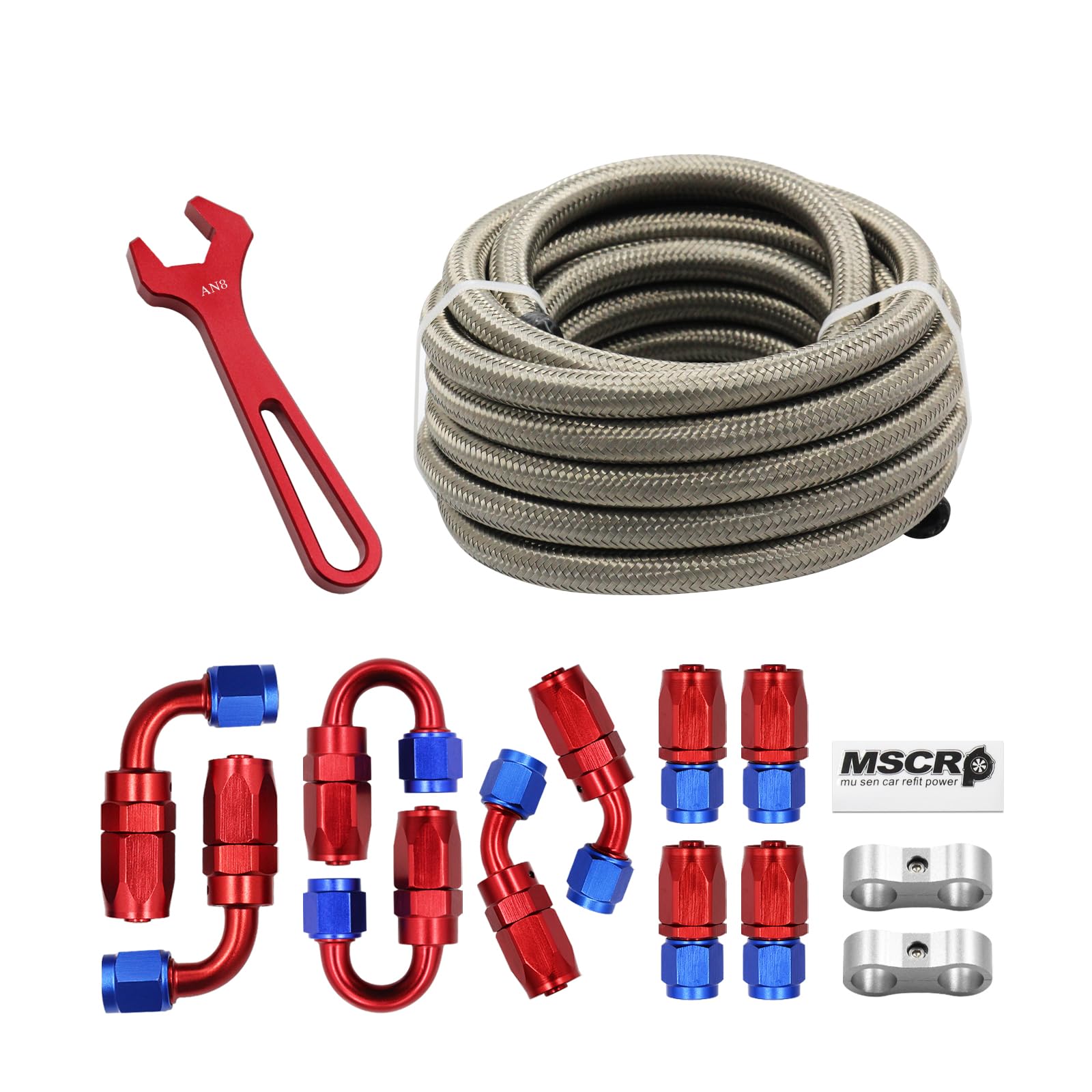8AN 20FT Fuel Line Hose Kit with Fitting, Stainless Steel Braided 1/2 CPE Fuel Oil Hose- 11.12mm ID (AN8, Stainless Steel)