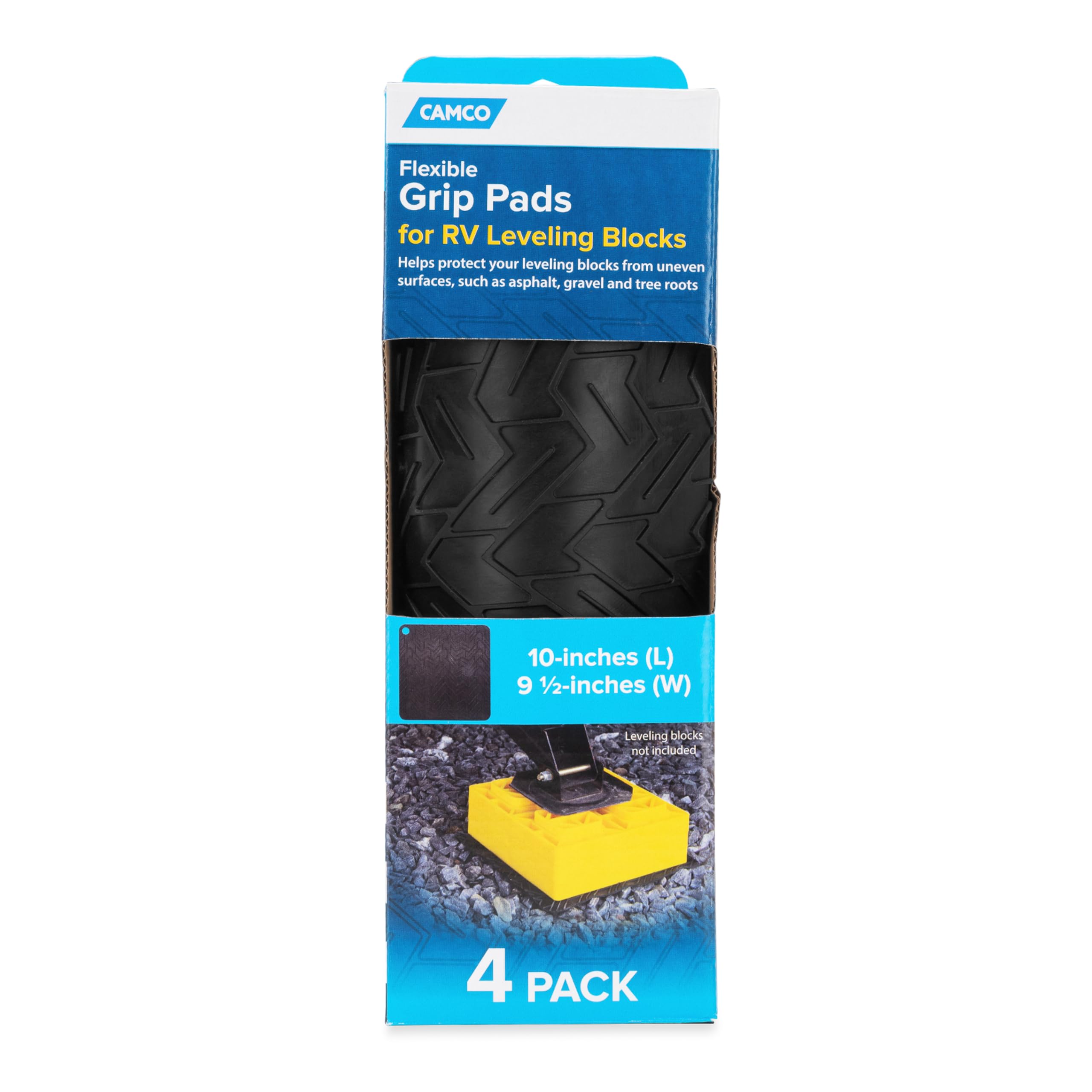 Camco Flexible Grip Pads for RV Leveling Blocks - 10-Inches (L) x 9.5-Inches (W) - Protects Your Leveling Blocks from Uneven Surfaces - Easy to Carry and Store - 4-Pack (44529)