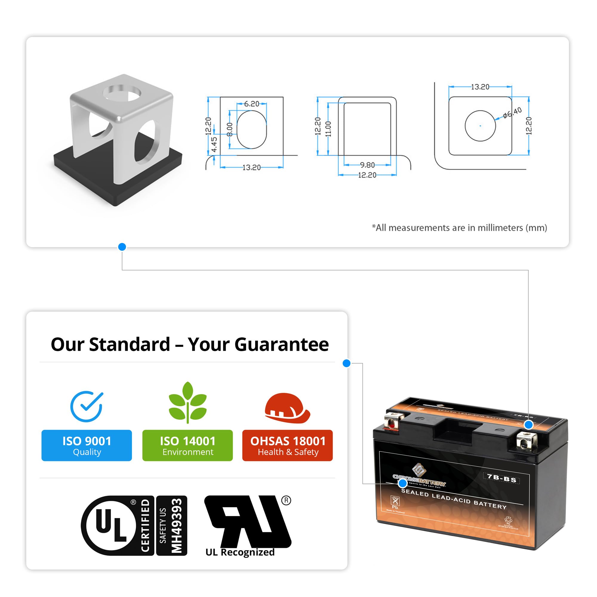 Chrome Battery Yt7B-Bs Maintenance Free Replacement Battery For Atv, Motorcycle, And Scooter: 12 Volts, 7 Amps, 6.5Ah, Nut And Bolt (T3) Terminal