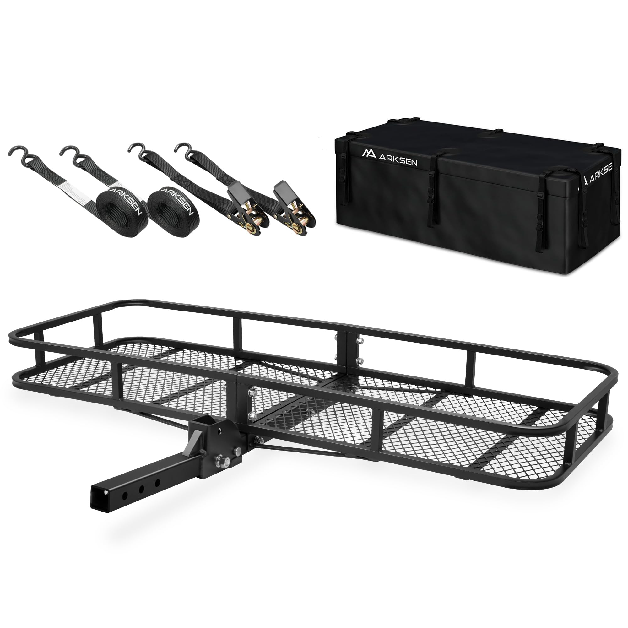 Arksen 60 X 23 X 5.5 Inch Folding Hitch Cargo Carrier With 500D Pvc Waterproof Cargo Bag, 2 Ratchet Straps, 500 Lbs Capacity Hea