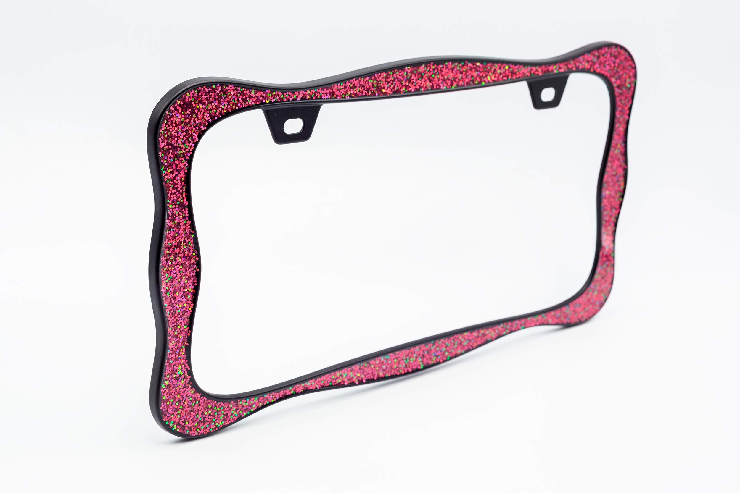 Creathome 3D Shining License Plate Frame, Black Powder Coated With Pink Chunky Gliter, Pure Zinc Alloy Metal