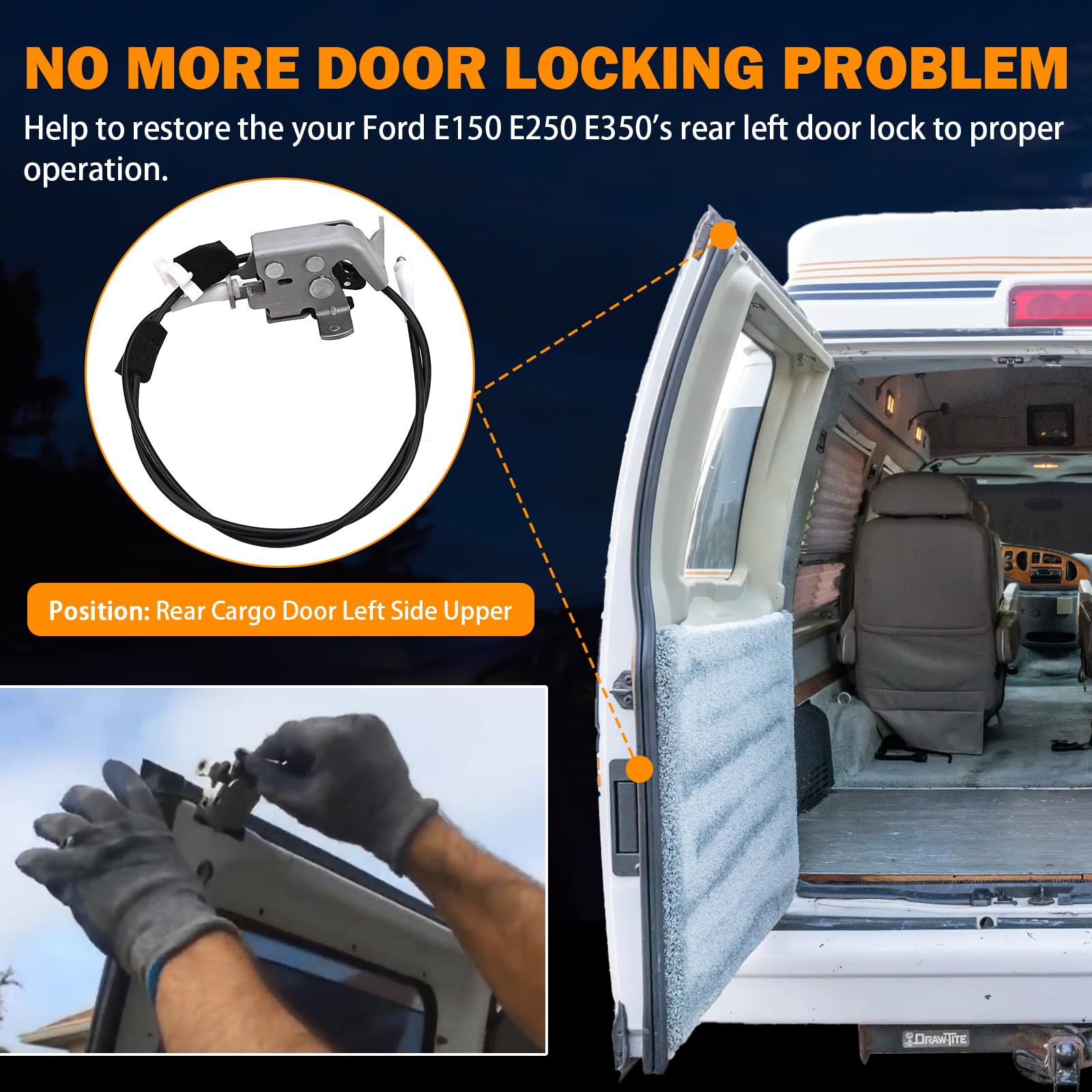 Yinlowa Rear Door Latch Cable for 1992-2009 Ford E350 E250 E150 Van, Black, Rear Left Upper, Replace Part # 6C2Z-154