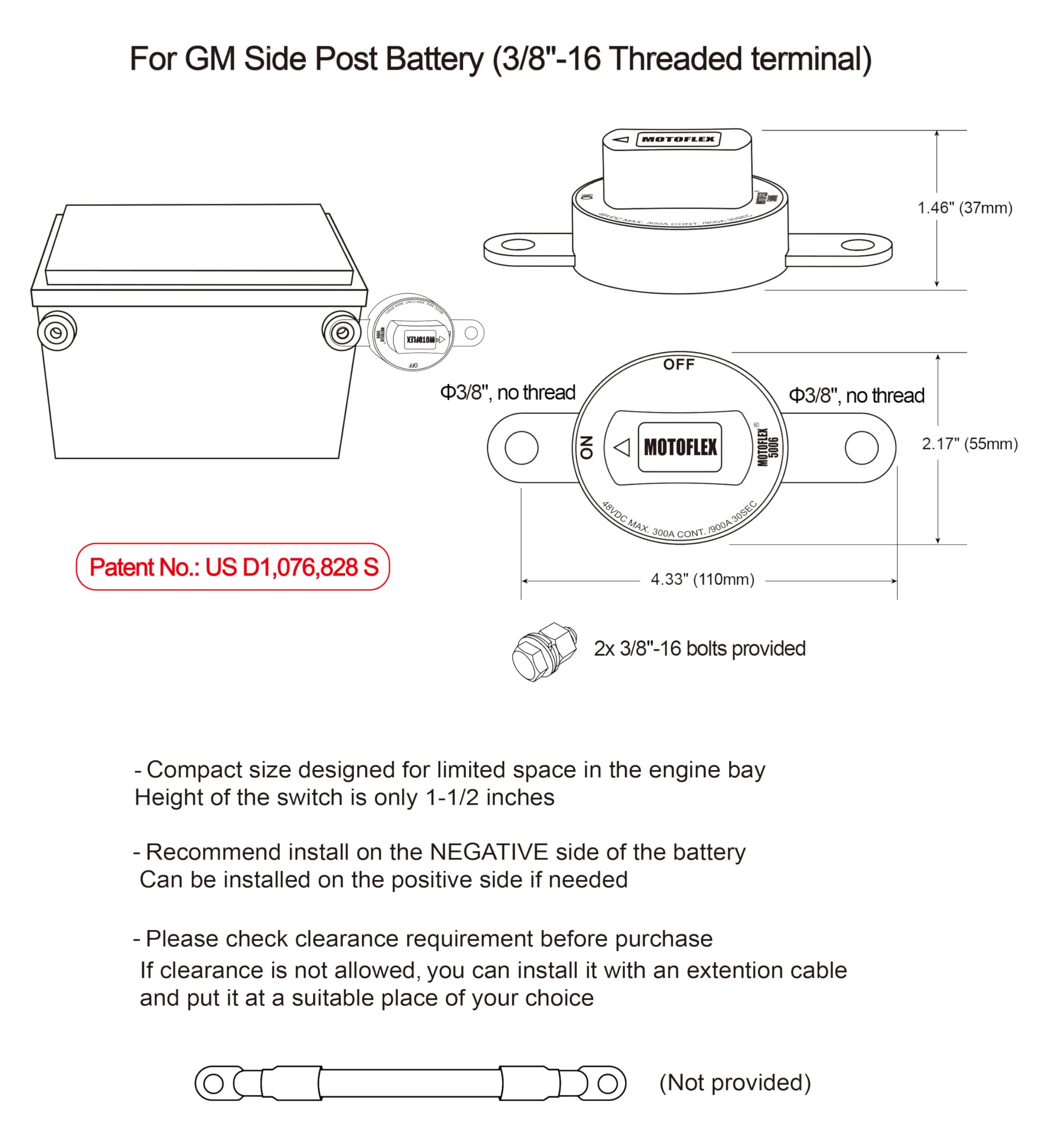 MOTOFLEX Side Post Battery Disconnect Switch for GM Car Truck, Marine RV Battery Switch 12V-48V Power Cut Off High Current 300A/