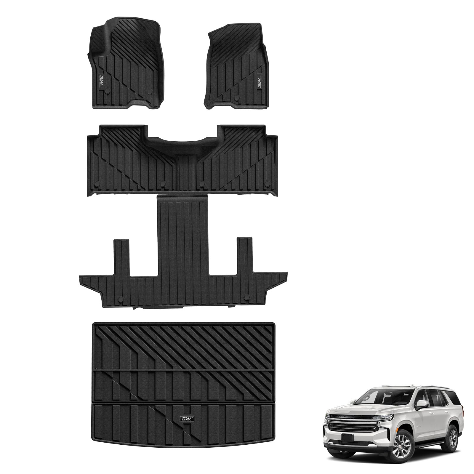 3W Floor Mats & Cargo Liner Fit For 2021-2024 2025 Chevy Suburban/Gmc Yukon Xl/Escalade Esv 7 Seat, Tpe All Weather Custom Fit C