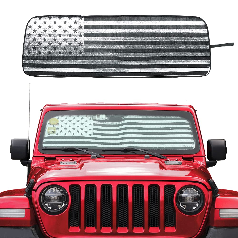 Savadicar Windshield Sun Shade With Usa Flag For 2018-2024 Jeep Wrangler Jl Jlu & Gladiator Jt, Sunshades Heat Shield, Aluminum