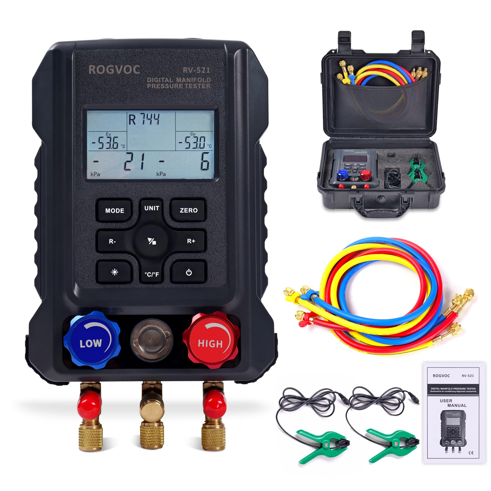 Rogvoc Digital Manifold Gauge, HVAC Refrigerants Digital AC Gauges Set with 2 Thermometer Clamps and 3 Hoses, for R22/R410A/R134