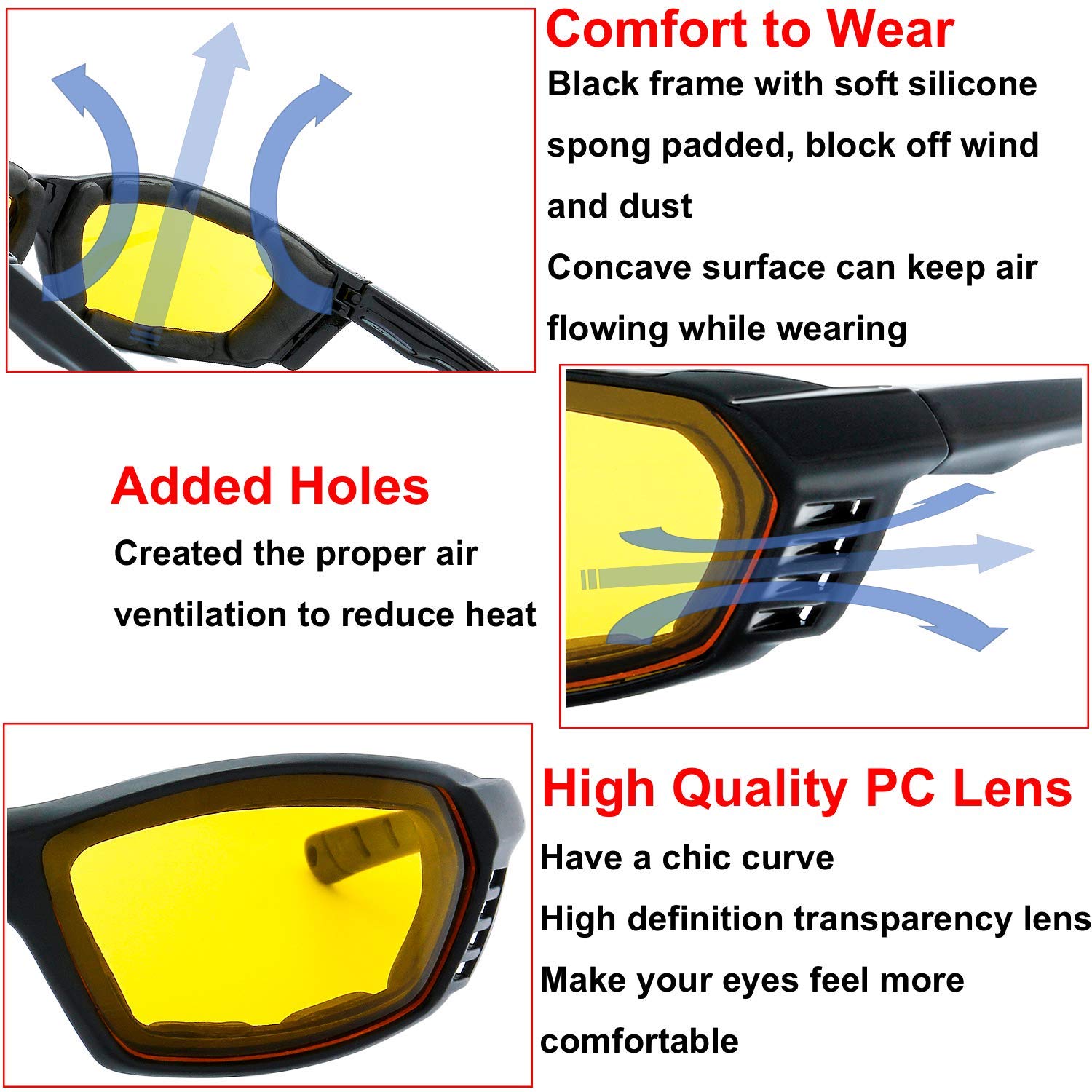 The Fresh Motorcycle Riding Glasses Padded Frame Lens Block 100% UVB for Outdoor Activity Sport (23-Shiny Black, Clear*1, & Grey