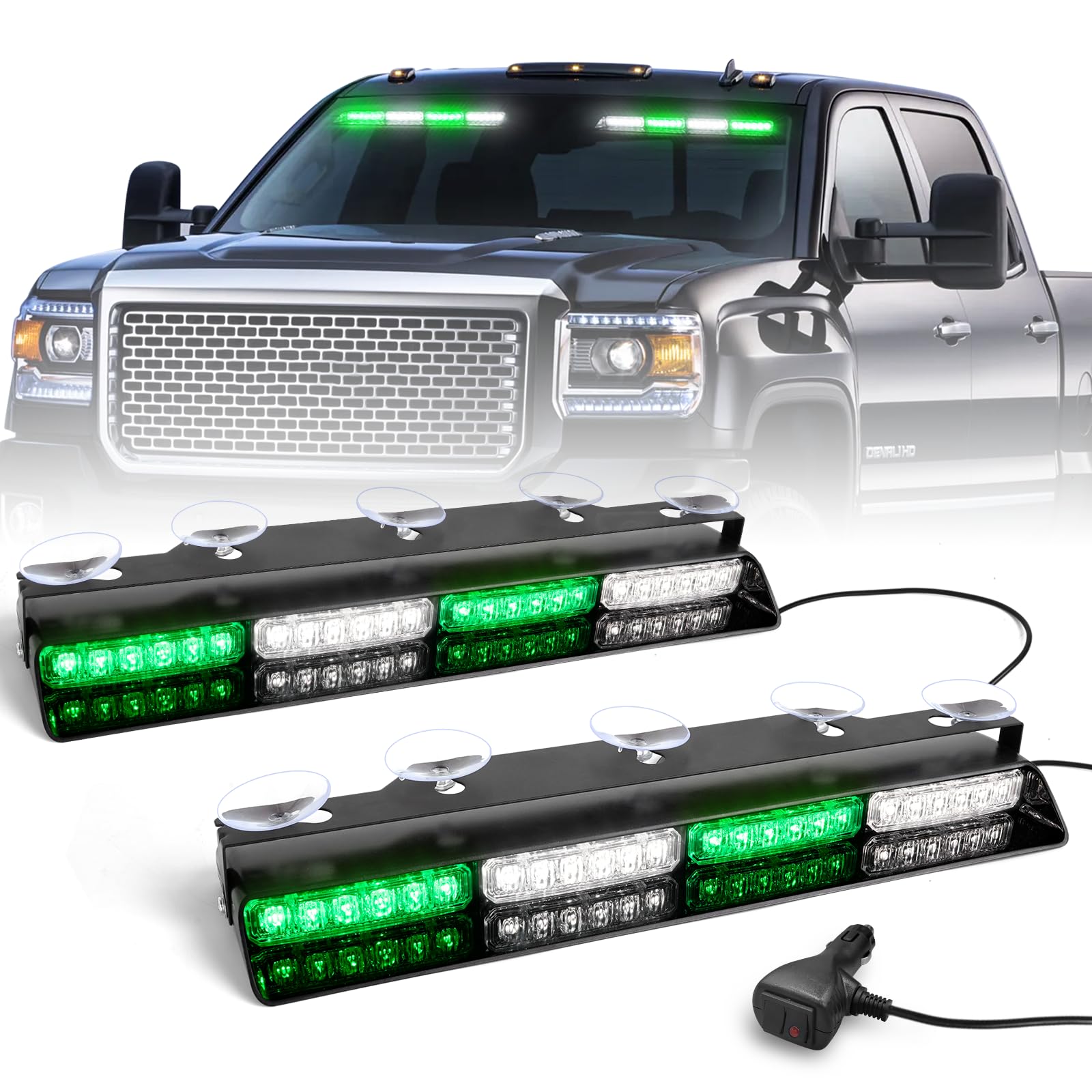 Hlauto 6Z4J Emergency Dash Strobe Lights: 2X16.8 Inch Green White Safety Lights, 48 Led Flashing Warning Hazard Interior Windshi